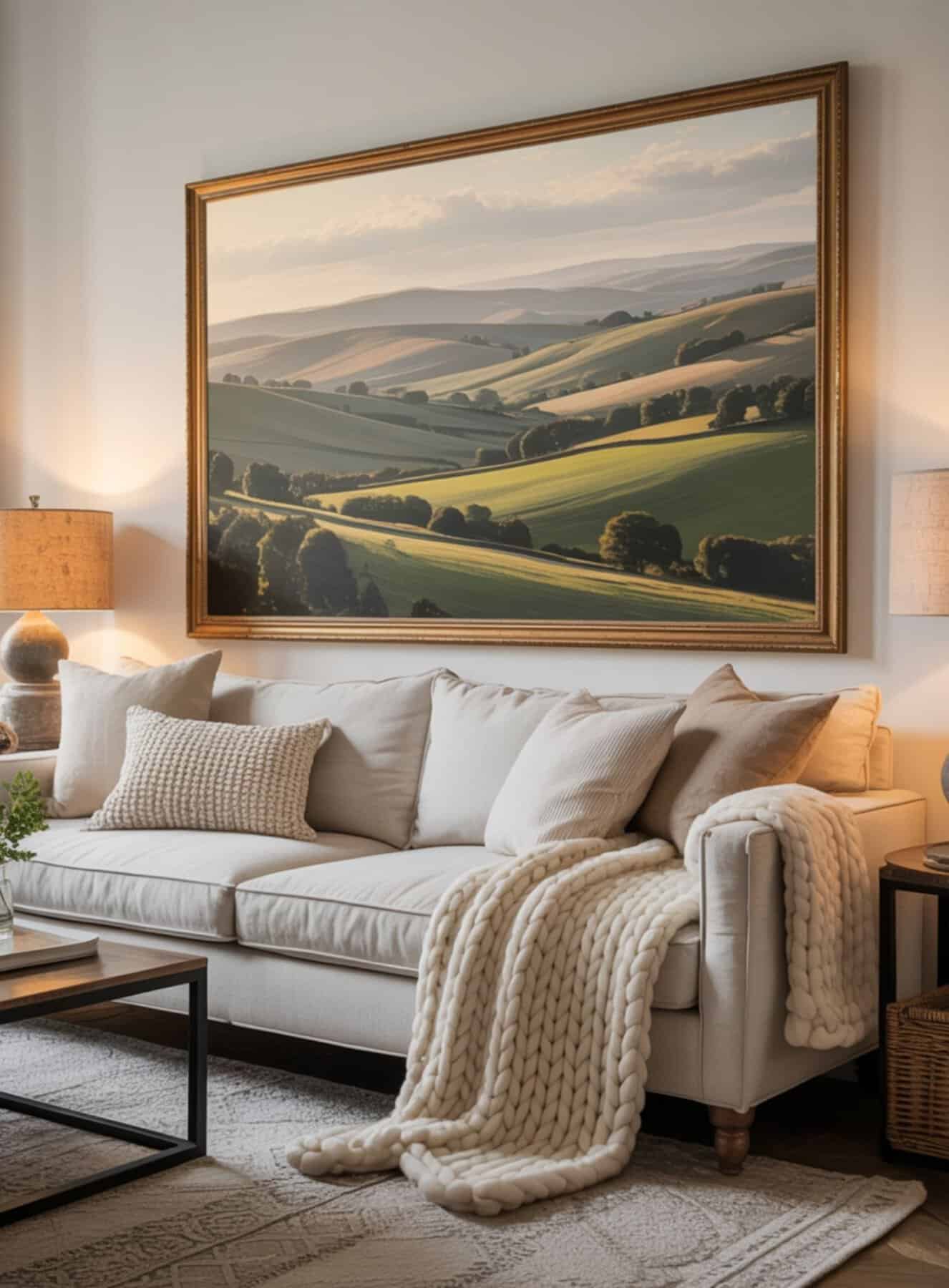 A light-colored linen sofa sits beneath a large framed landscape painting of a peaceful countryside at sunrise.
