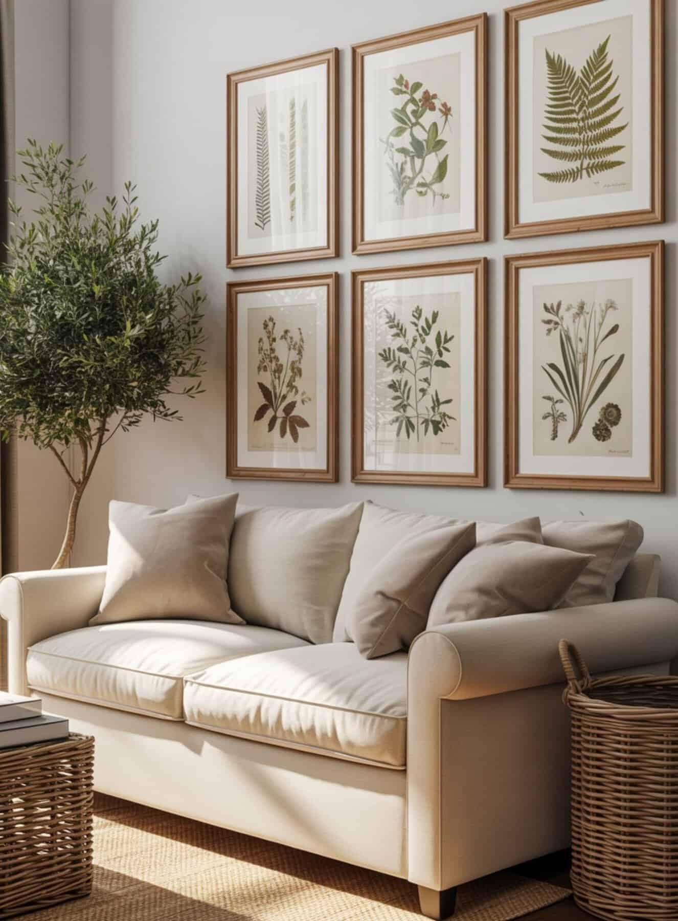 linen sofa sits beneath a collection of beautifully framed vintage botanical prints featuring delicate fern and wildflower illustrations