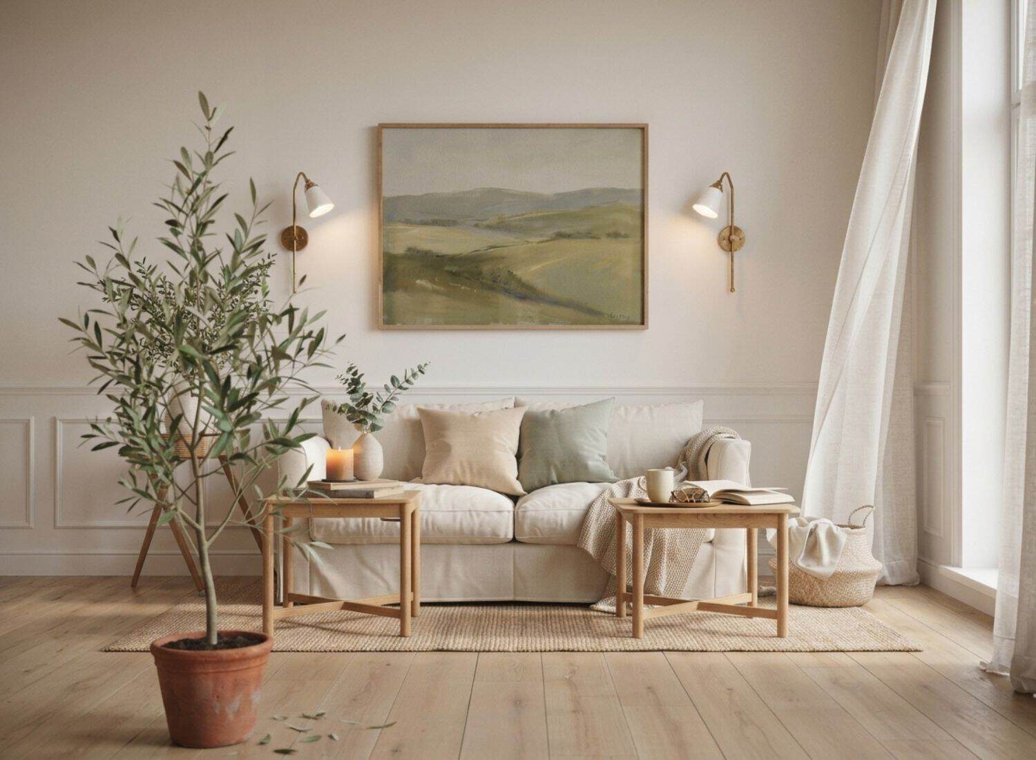 Elegant living room featuring a cream sofa beneath a curated gallery wall of family photos in matching oak frames, styled with soft neutral decor, greenery, and warm natural light.