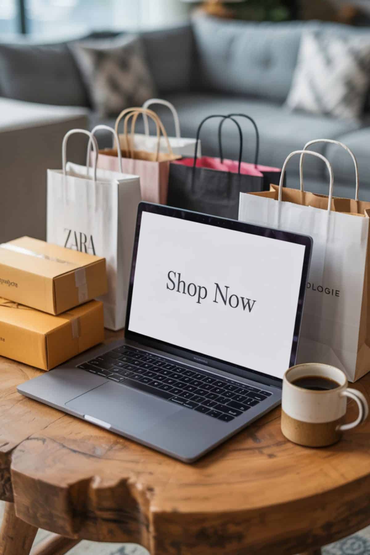 laptop on a cozy wooden desk surrounded by shopping bags, boxes, and a coffee mug, representing online shopping convenience