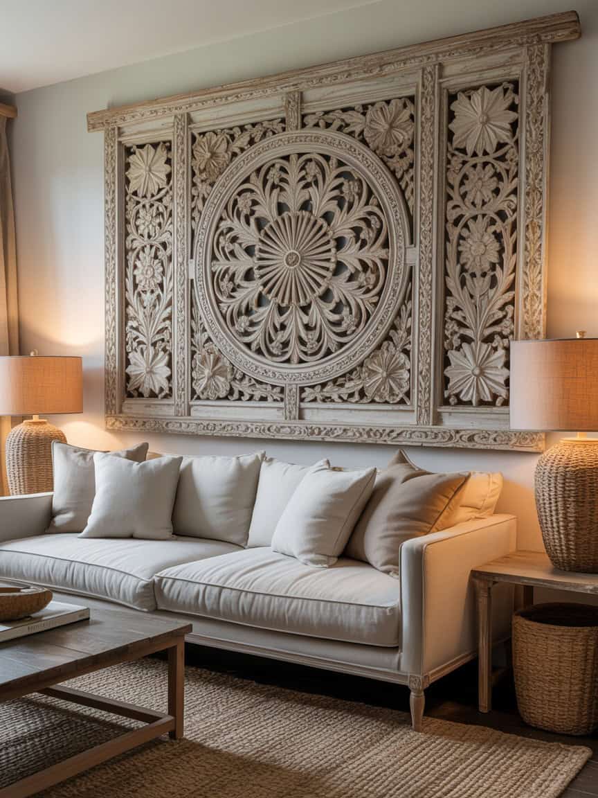 neutral sofa sits beneath a beautifully aged carved wood panel featuring intricate floral and geometric details