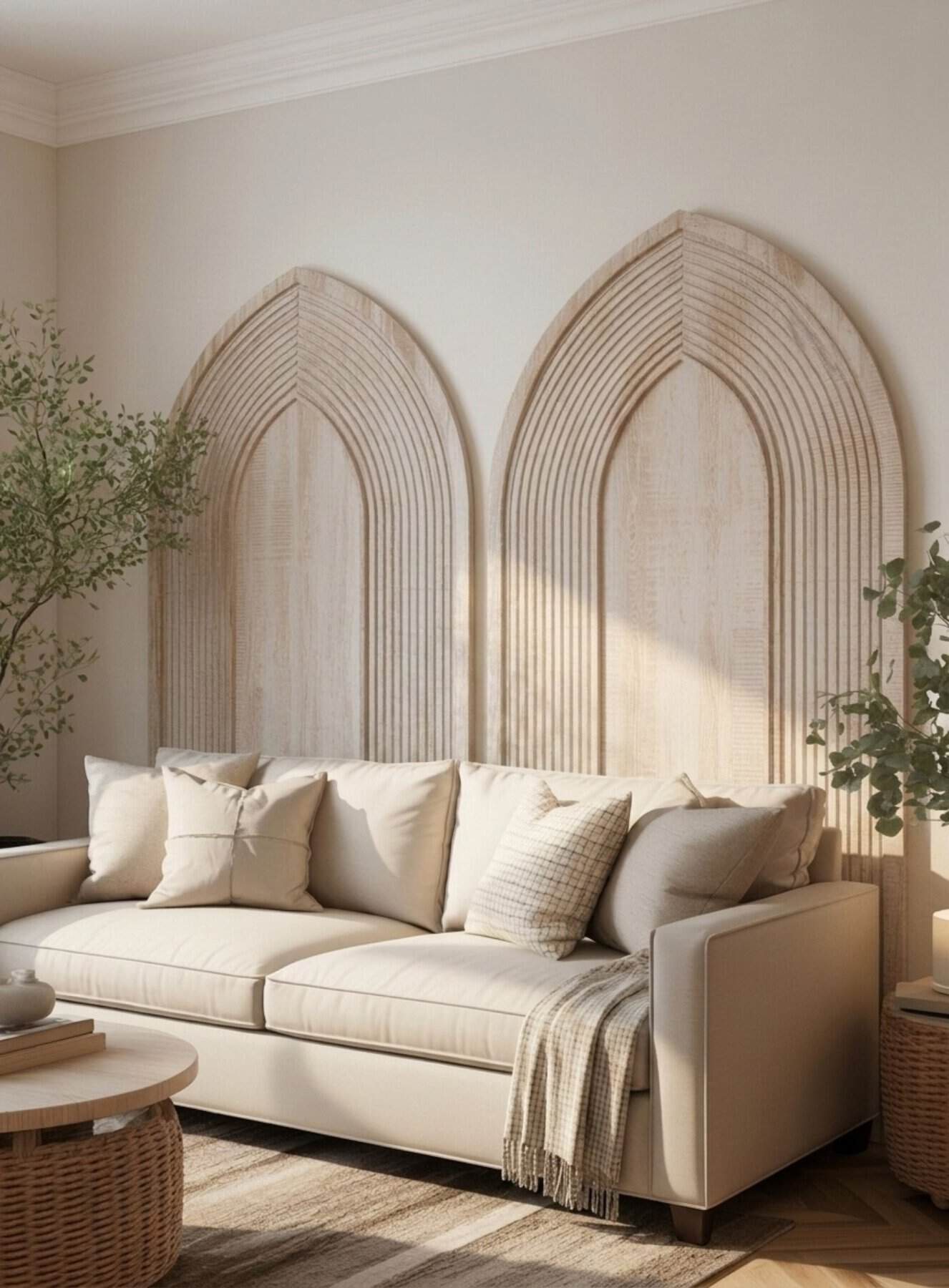 cream-colored sofa sits beneath two oversized cathedral-style wall panels with softly weathered wood finishes