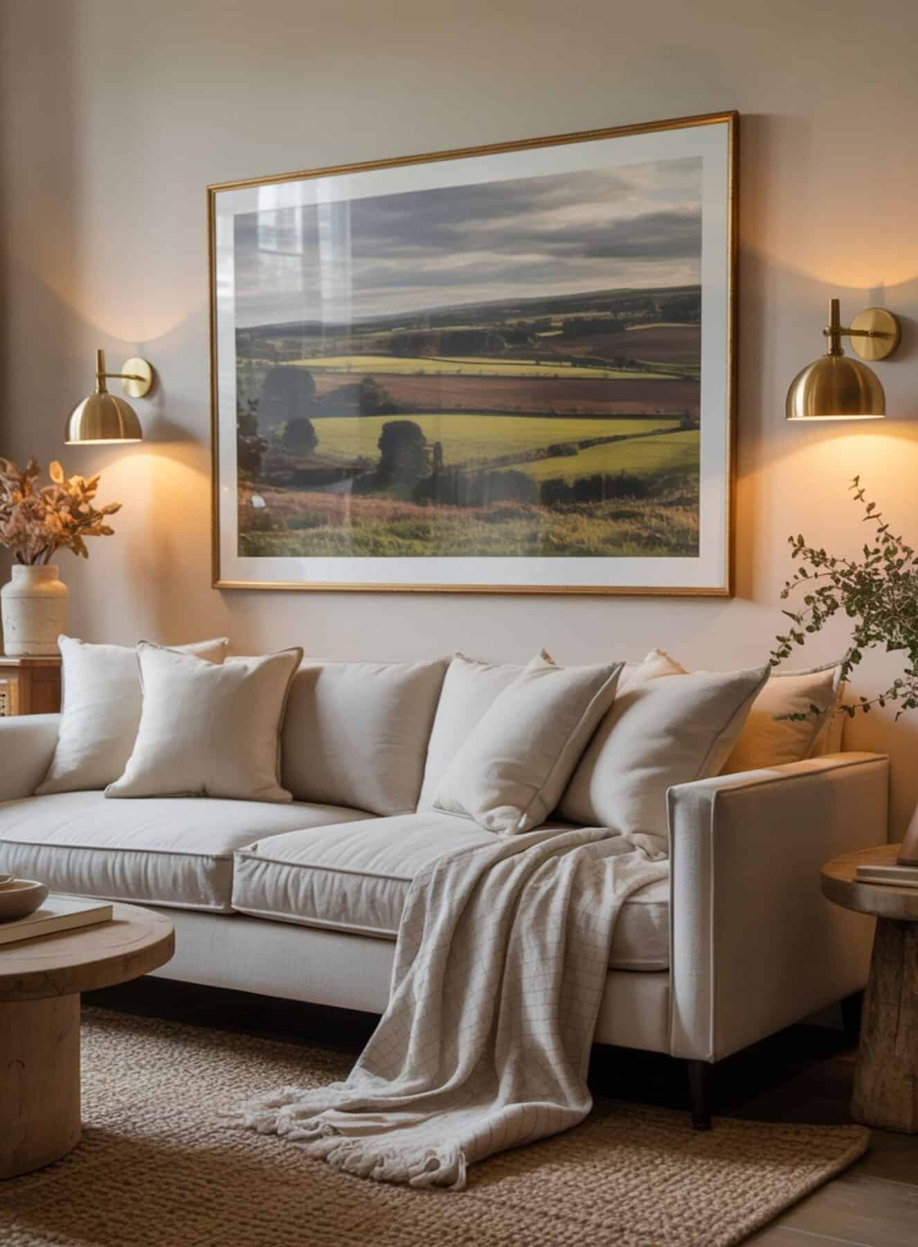 cream sofa sits beneath a large framed countryside landscape. On either side, elegant brass wall sconces cast a warm glow across the artwork