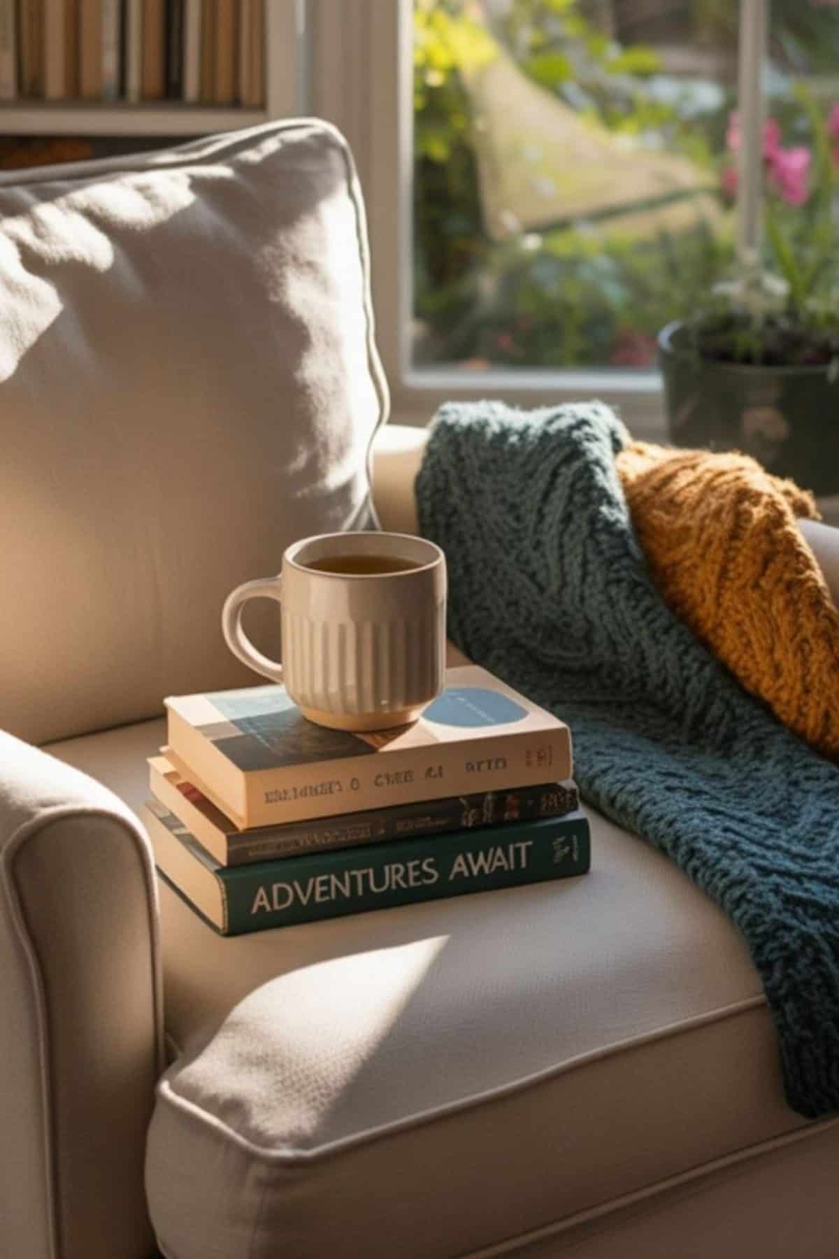 sofa throw rug books