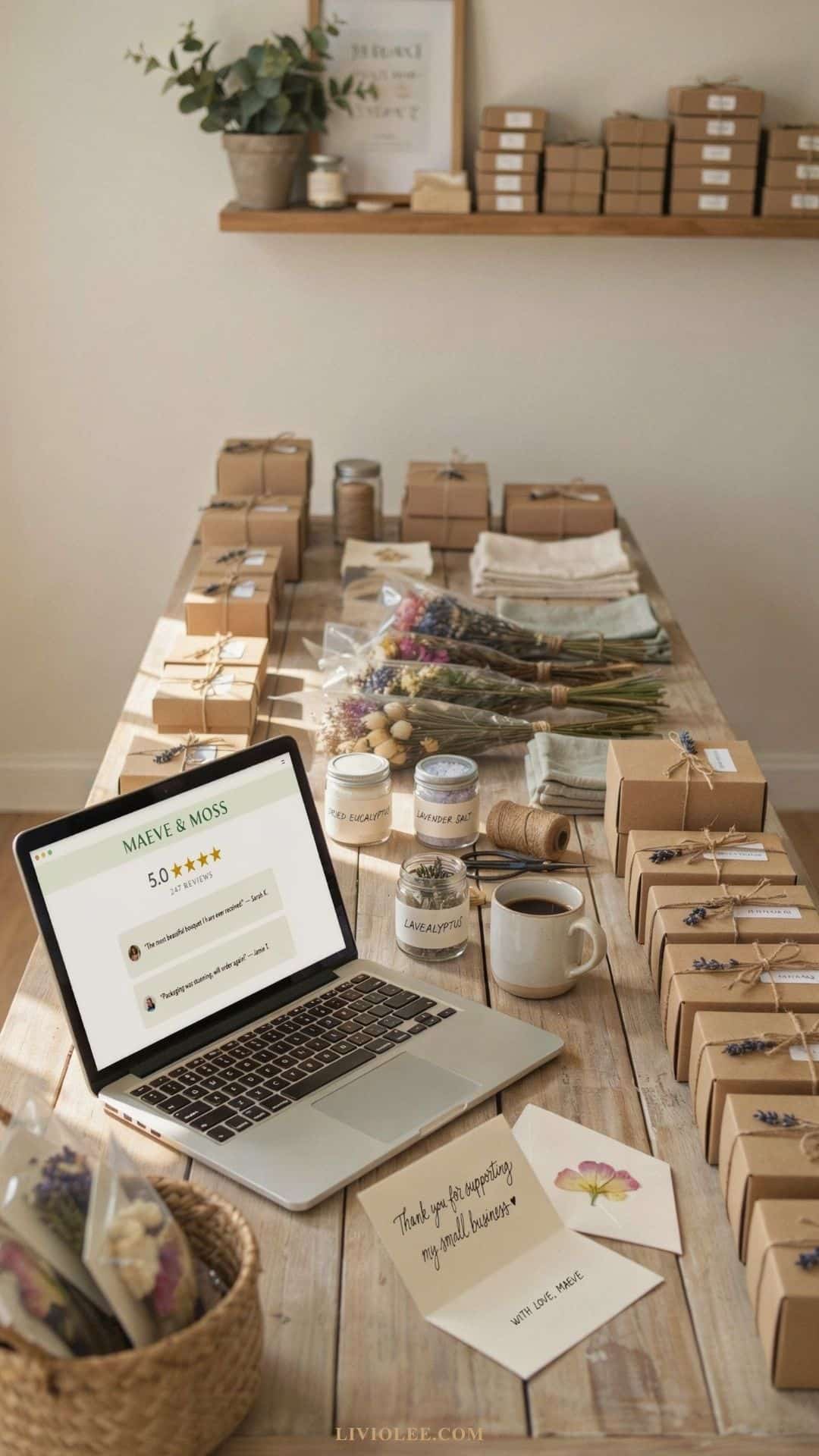 Organized handmade business workspace with packaged orders, inventory, customer thank-you cards, and positive customer reviews