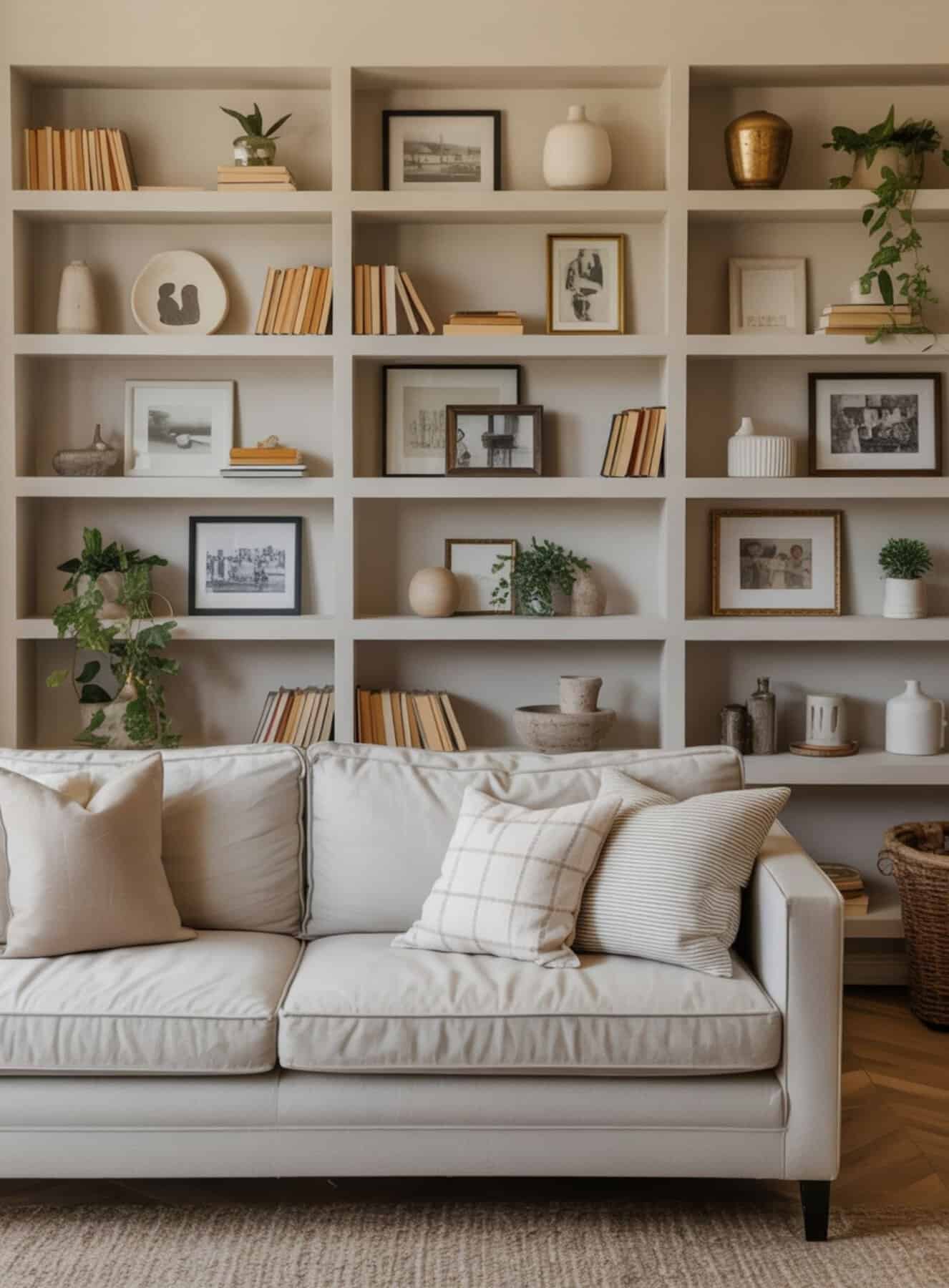 linen sofa sits beneath a series of beautifully styled built-in shelves. Stacked books, framed artwork, small ceramic vases, trailing greenery, and family photos 