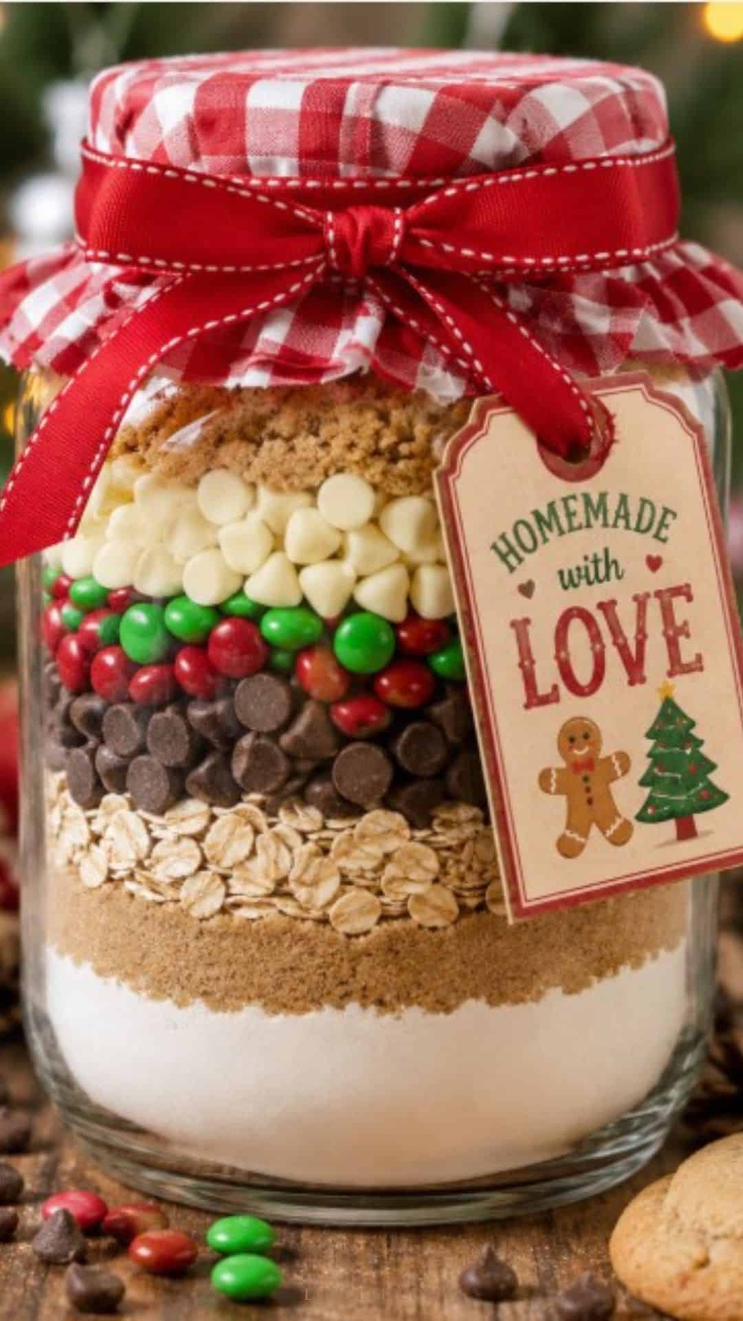 Decorative Christmas cookie jar filled with ingredient to make homemade cookies