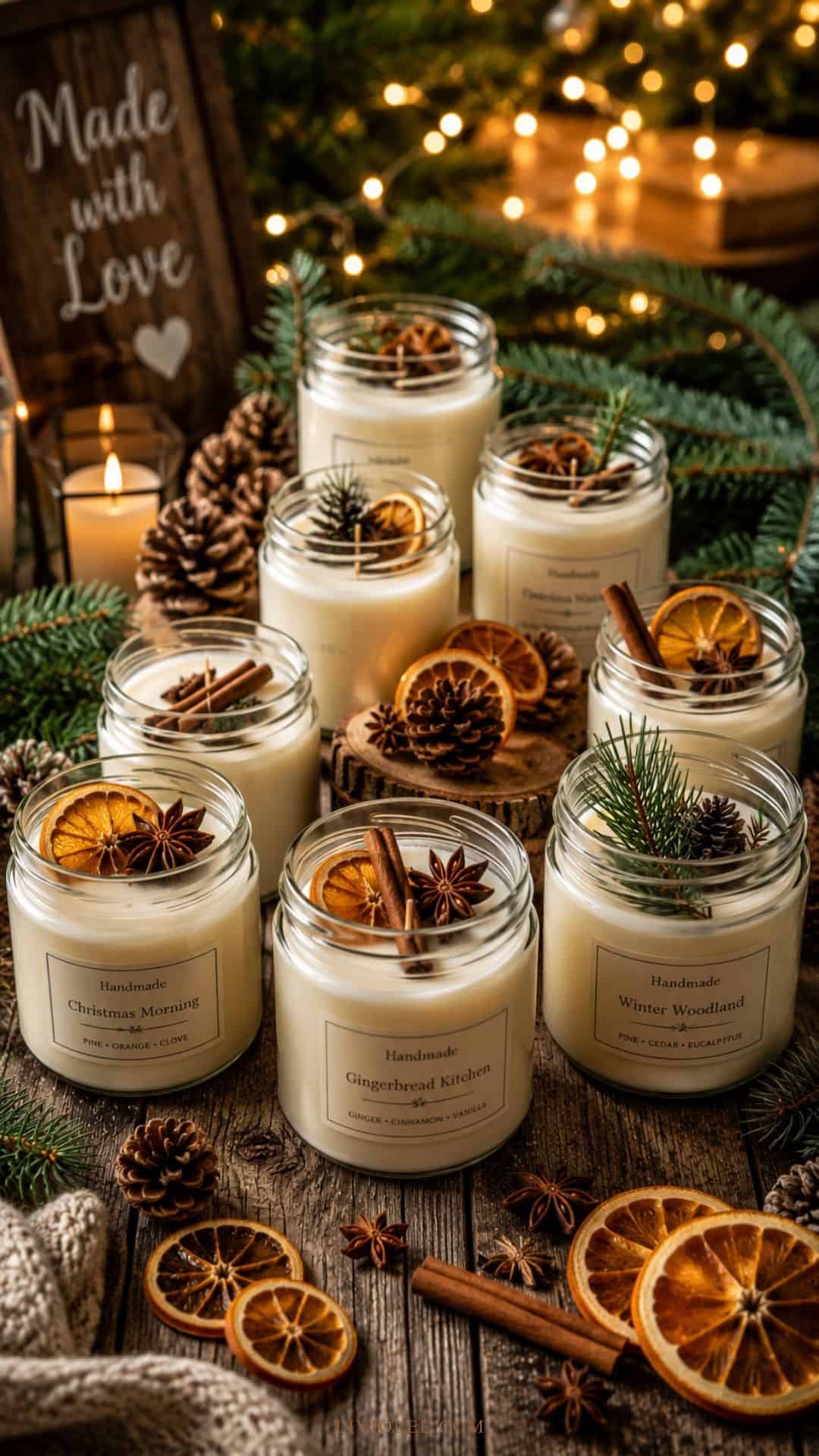 handmade Christmas soy wax candles and festive holiday decorations