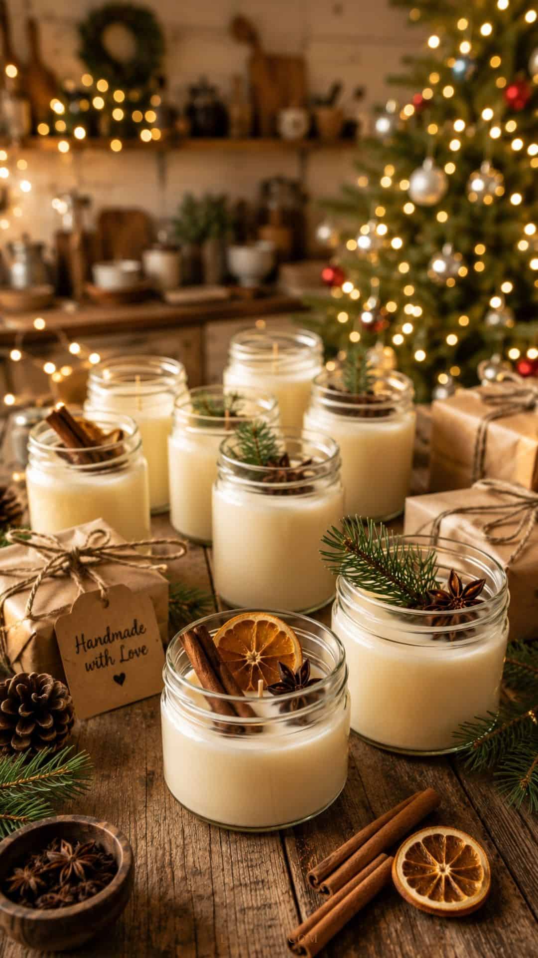 Handmade Christmas soy wax candles in glass jars decorated with dried oranges, cinnamon sticks, and festive holiday accents.