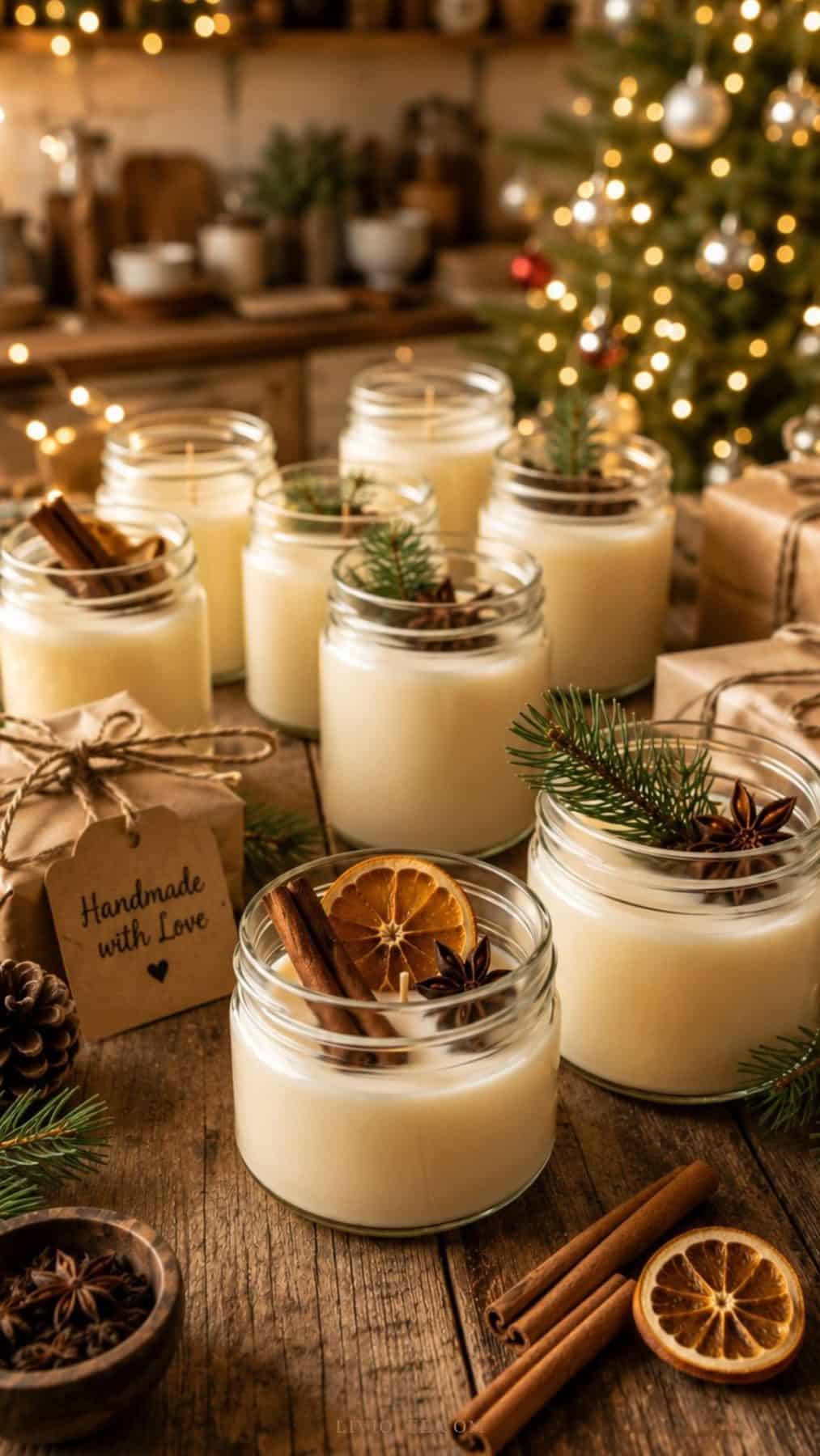 Handmade Christmas soy wax candles in glass jars decorated with dried oranges, cinnamon sticks, and festive holiday accents.