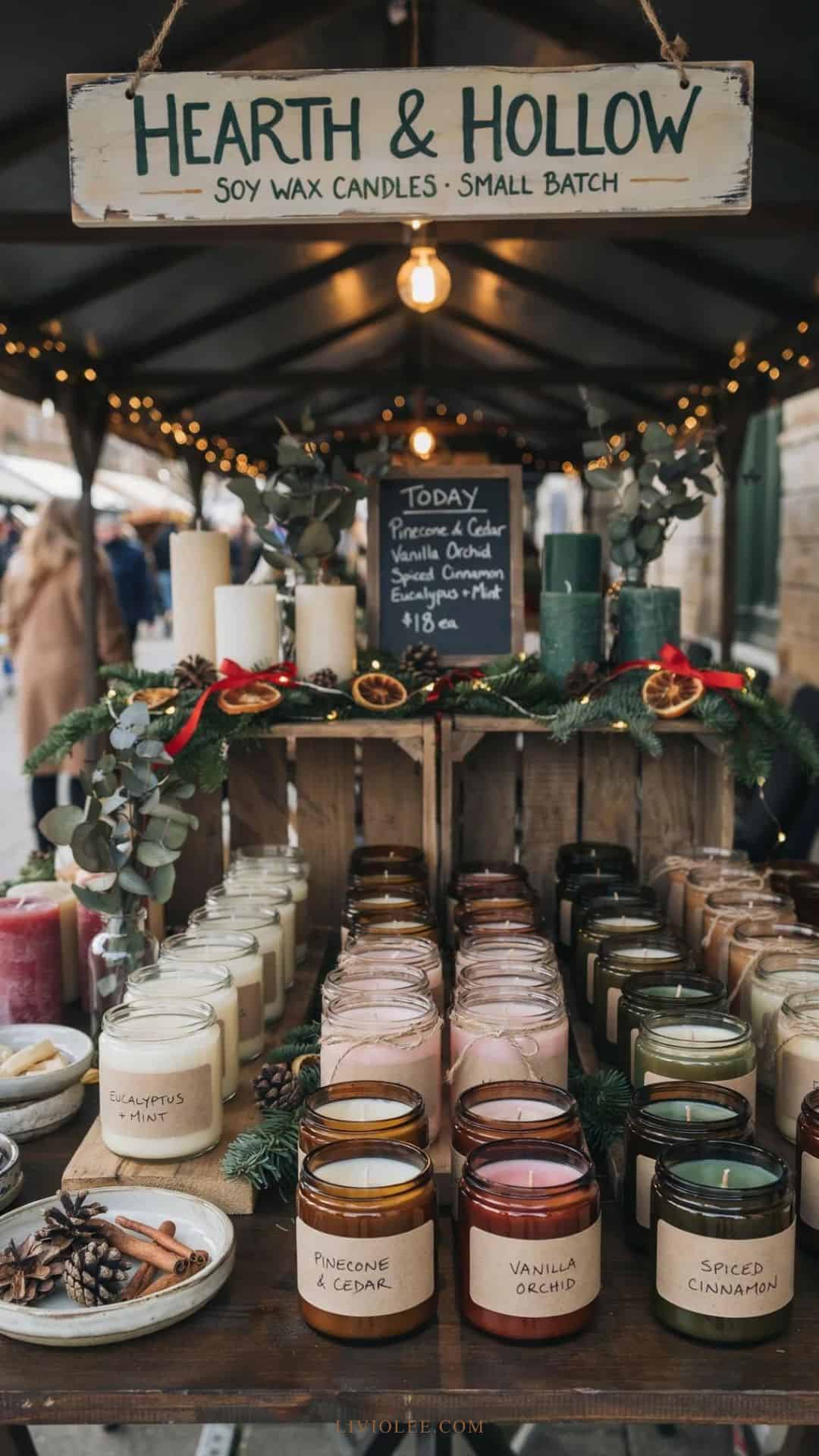 Handmade Christmas soy wax candles displayed for sale at a holiday market