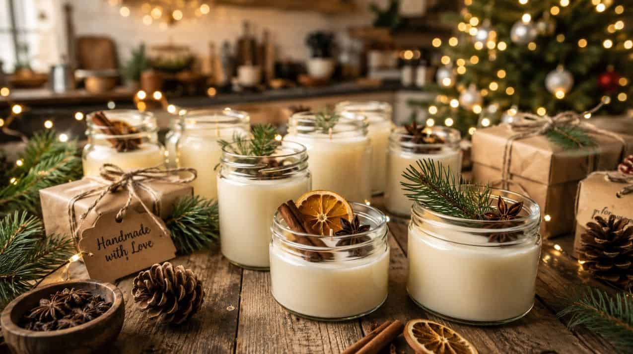 Handmade Christmas soy wax candles in glass jars decorated with dried oranges, cinnamon sticks, and festive holiday accents.