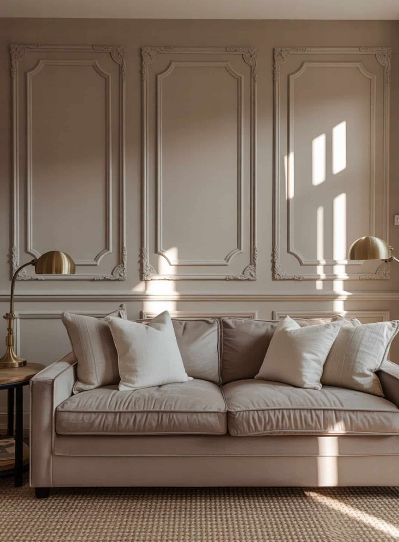 soft taupe sofa sits against a wall adorned with elegant picture-frame mouldings painted in the same warm neutral shade as the room