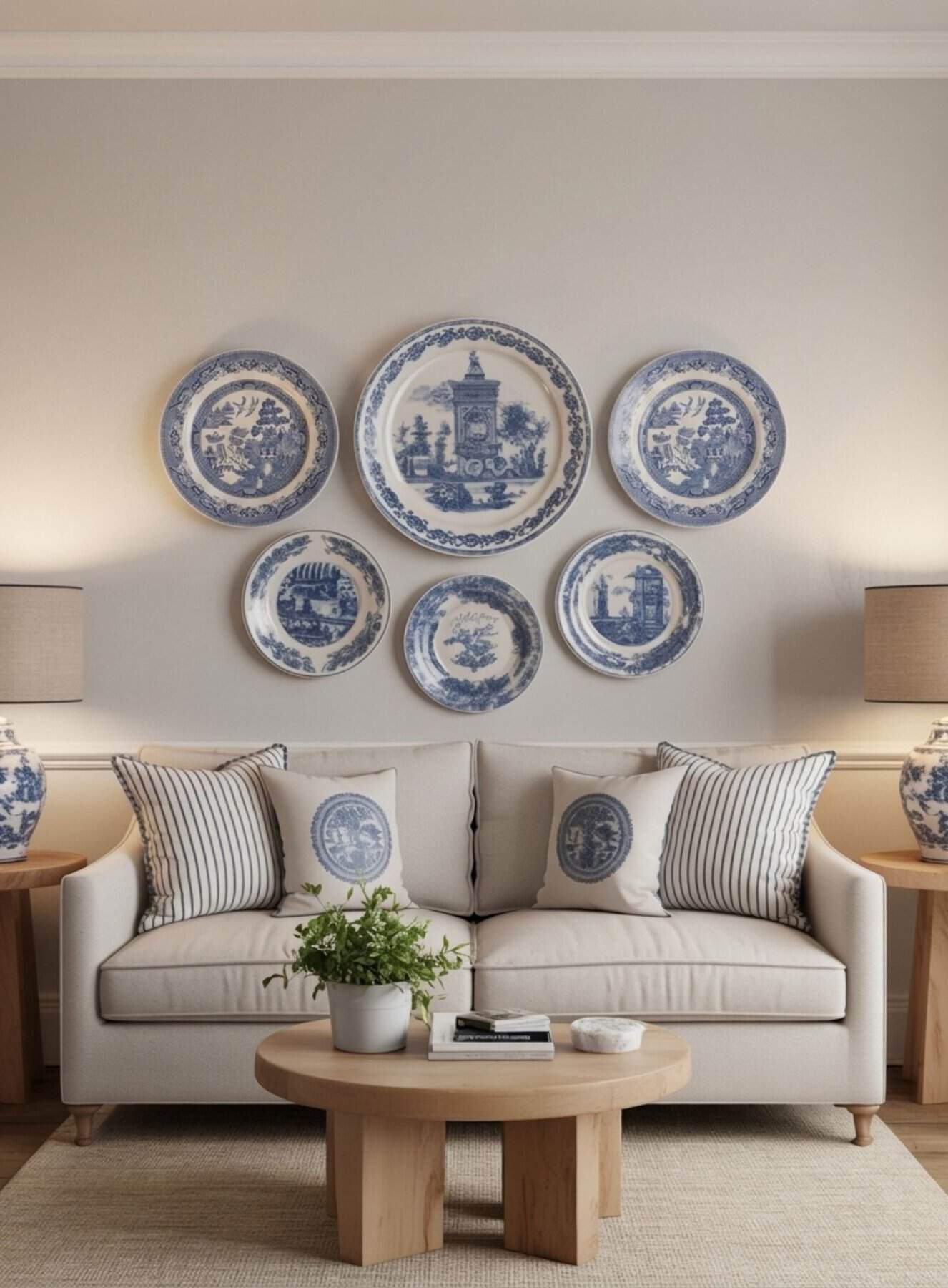 cream sofa sits beneath a carefully arranged collection of blue-and-white decorative plates in varying sizes