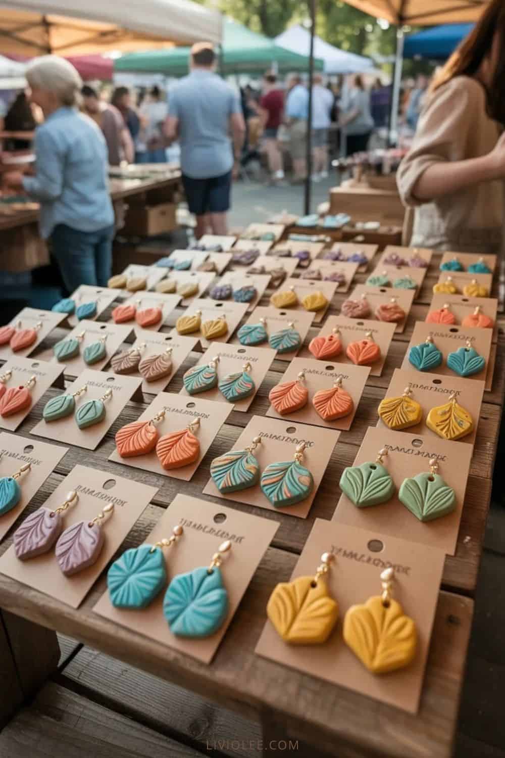 collection of handmade polymer clay earrings at a farmers market stall