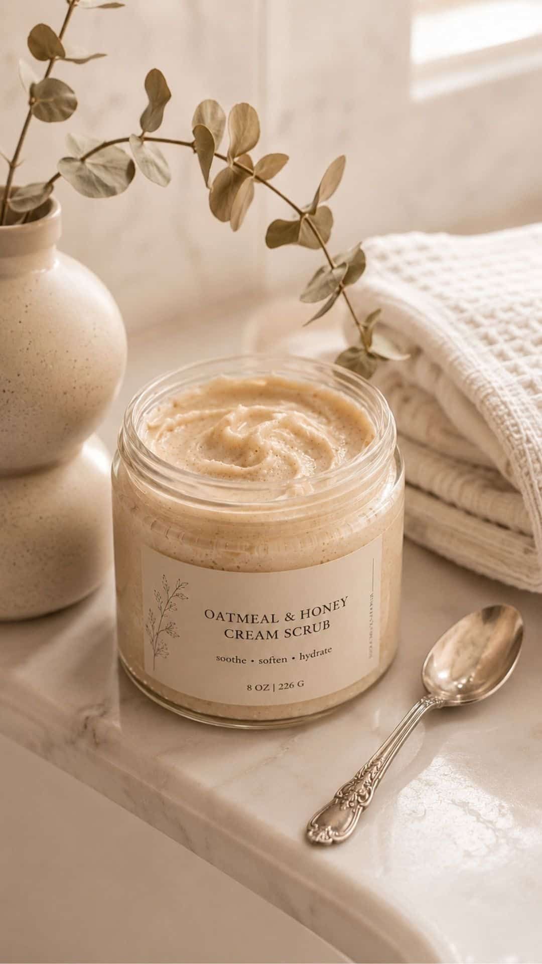 glass jar of creamy emulsified sugar scrub