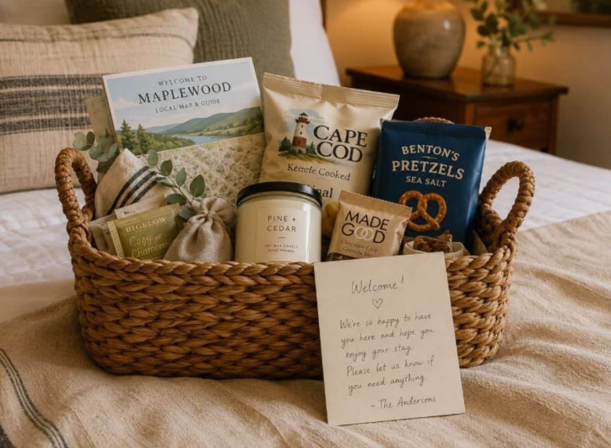 welcome basket sits on a linen-covered bed, filled with snacks, herbal tea, an unlit soy candle, a local map, and a handwritten welcome note for exchange students