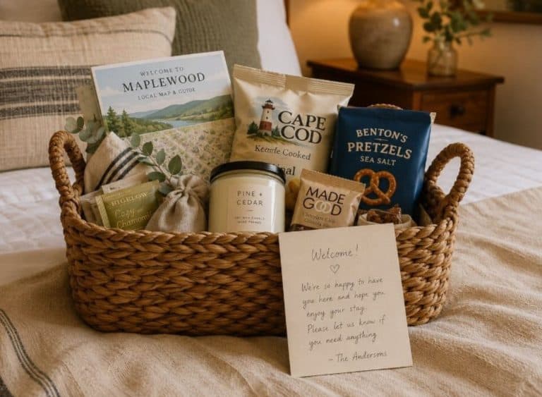welcome basket sits on a linen-covered bed, filled with snacks, herbal tea, an unlit soy candle, a local map, and a handwritten welcome note for exchange students