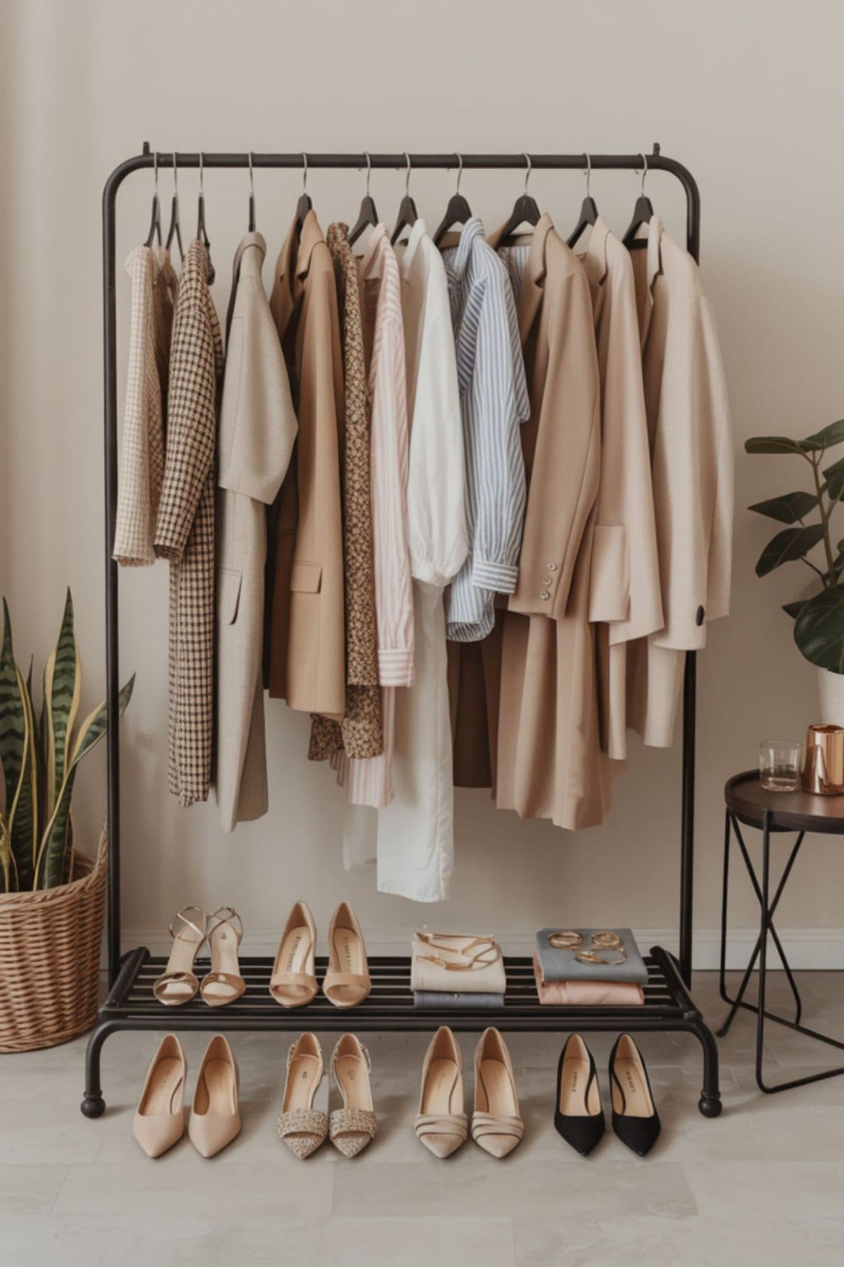 clothes hanging on a clothes rack shoes and other accessories on floor
