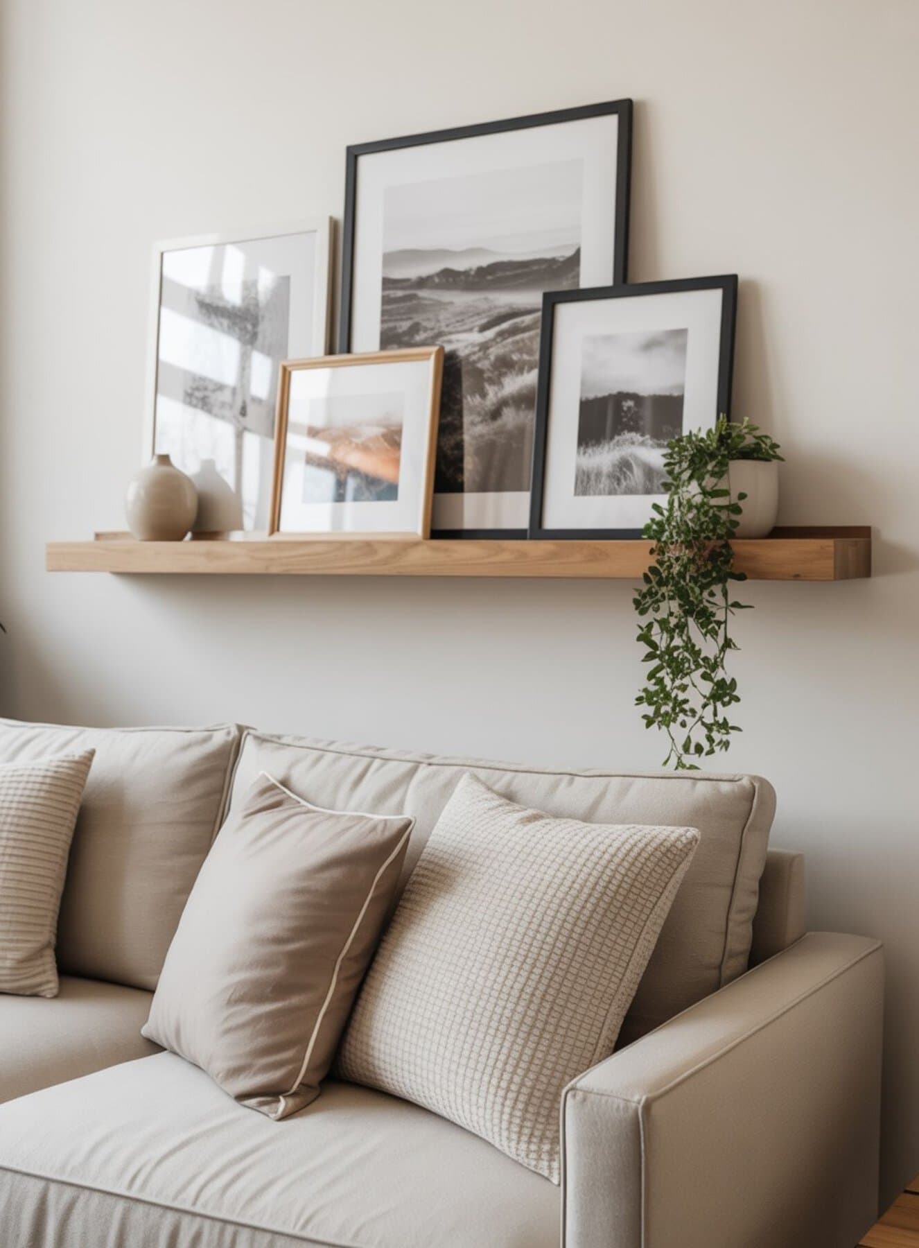 soft beige sofa sits beneath a natural oak floating picture ledge styled with layered landscape prints