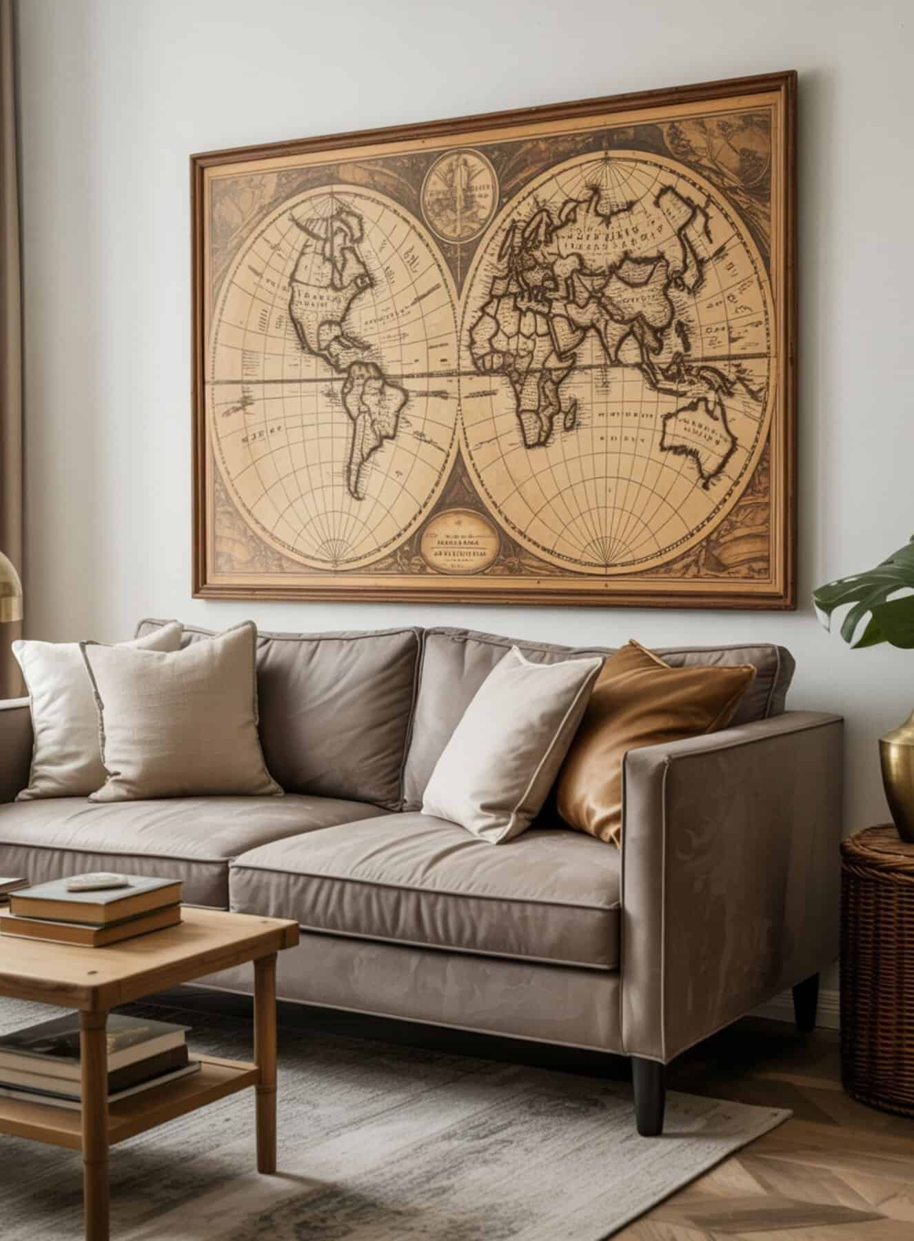 taupe sofa sits beneath a beautifully framed antique world map featuring faded parchment tones and intricate cartographic details