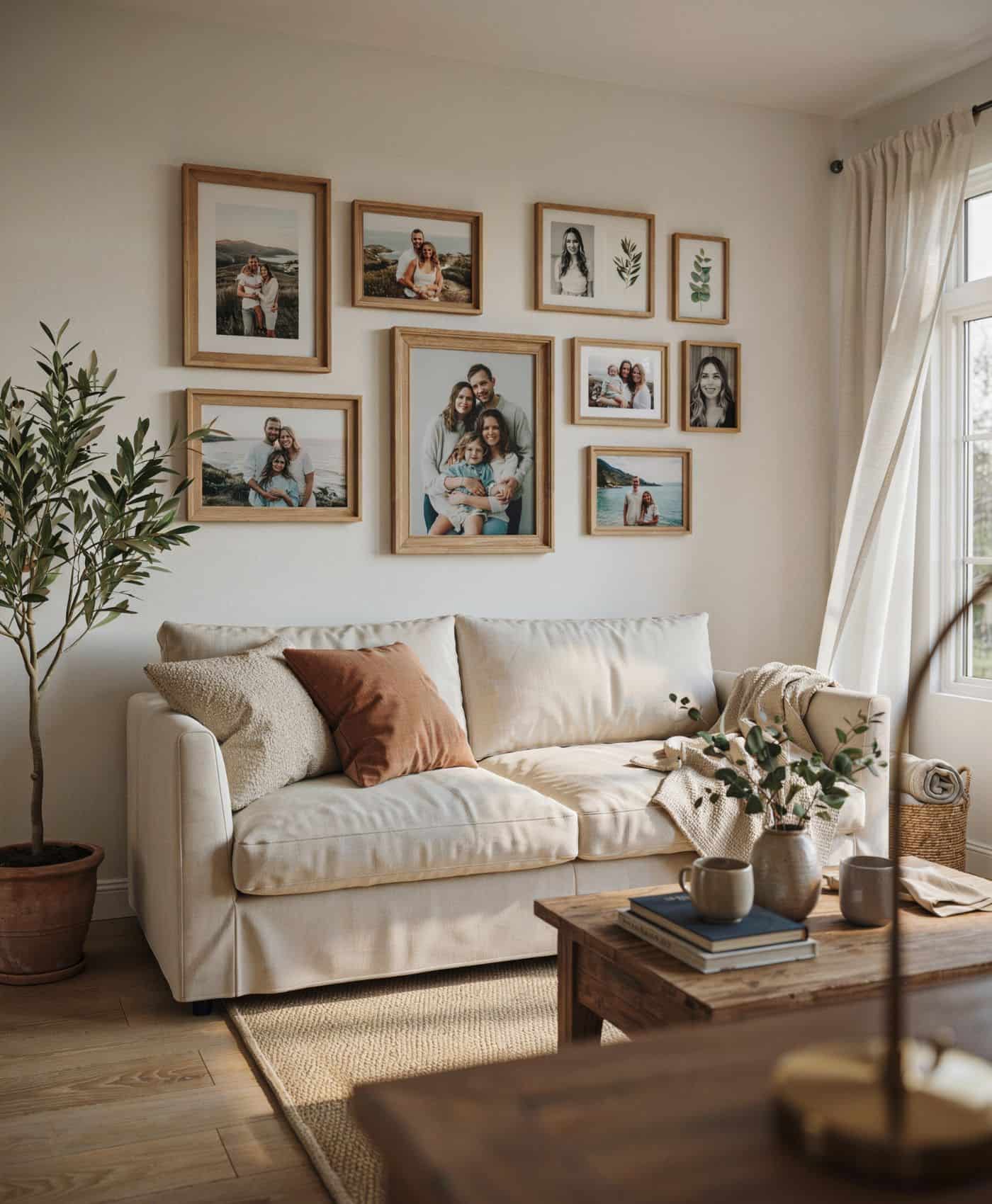 Elegant living room featuring a cream sofa beneath a curated gallery wall of family photos in matching oak frames, styled with soft neutral decor, greenery, and warm natural light.