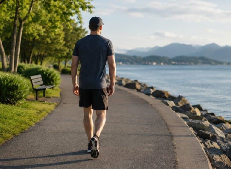 Back view of a man in athletic clothing walking along a peaceful waterfront path beside a lake, with trees, rocky shoreline, and distant mountains under soft morning light.