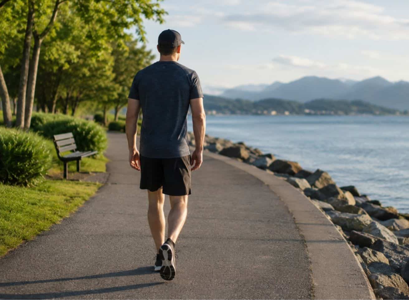 Back view of a man in athletic clothing walking along a peaceful waterfront path beside a lake, with trees, rocky shoreline, and distant mountains under soft morning light.