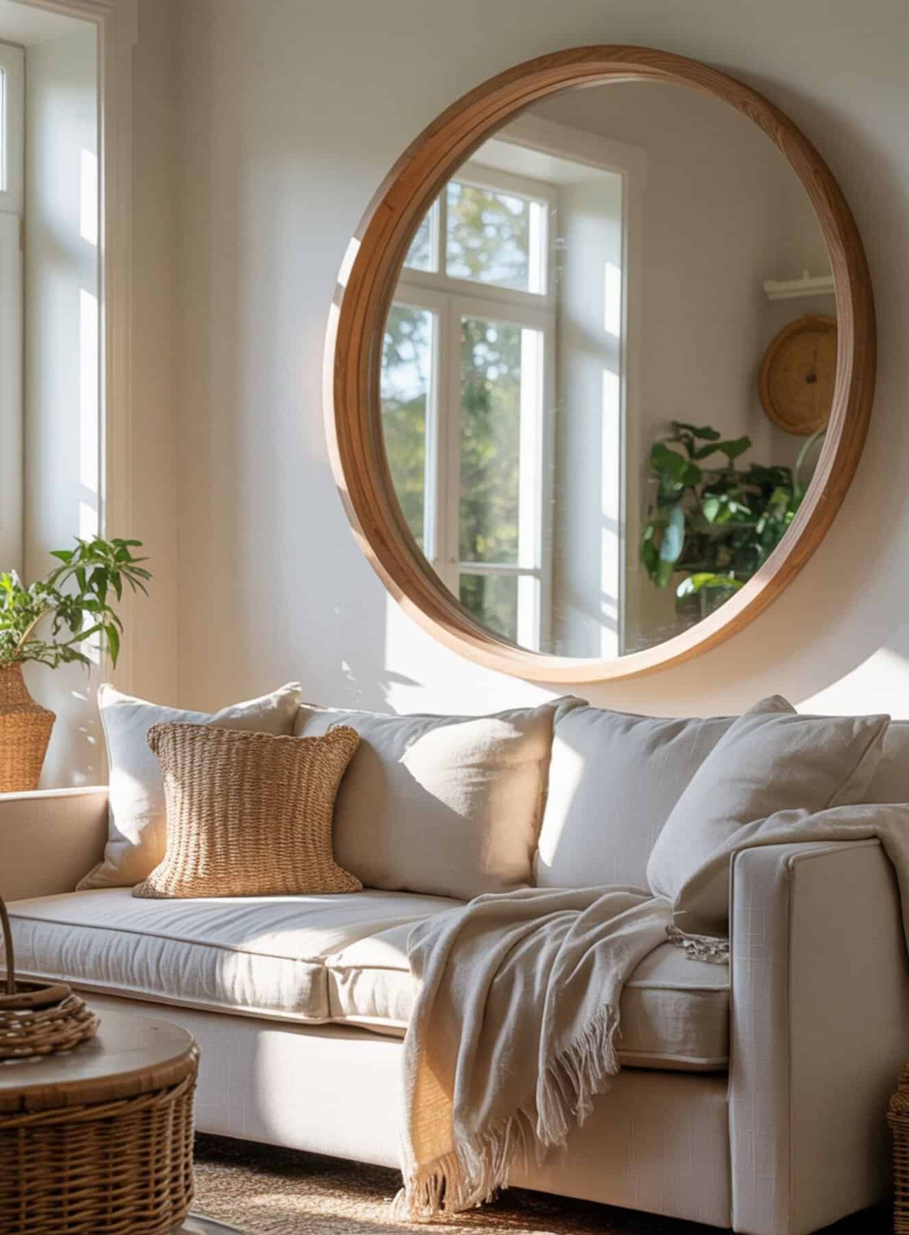 linen sofa sits beneath a large round mirror framed in warm natural oak