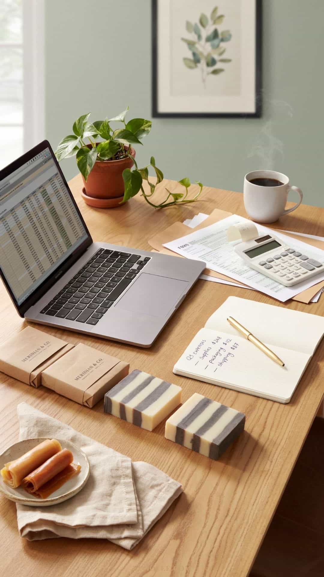 Home office desk with business paperwork, tax records, calculator, laptop, and handmade products for a small craft business