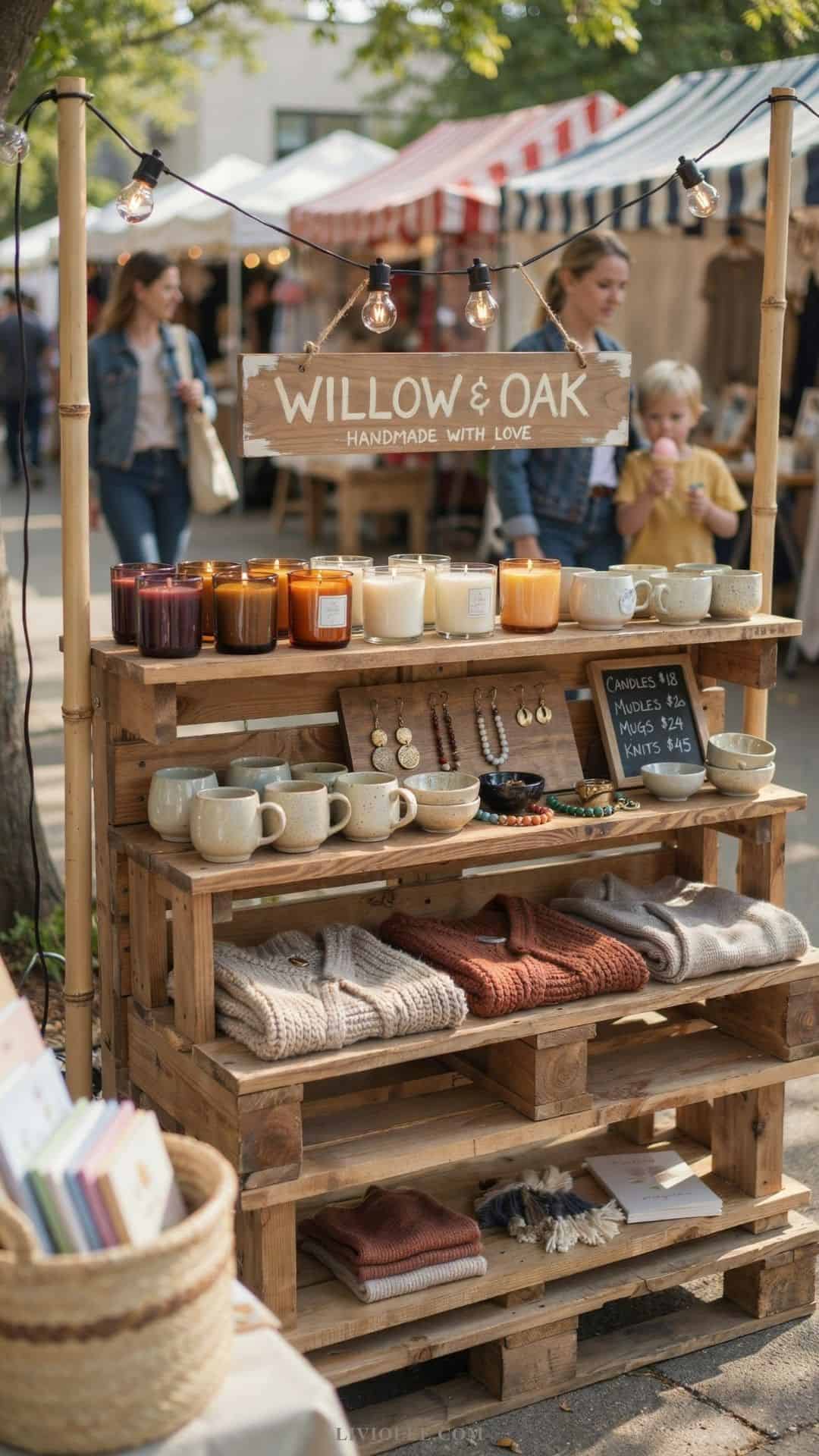 Outdoor artisan market stall displaying handmade candles, pottery, jewelry, and knitted items on rustic wooden shelves
