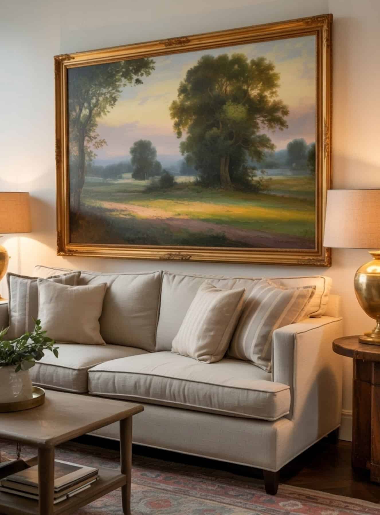 linen sofa sits beneath a large framed oil painting of a peaceful countryside at dusk