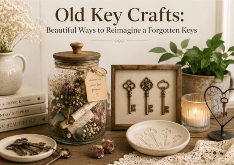 decorative memory jar filled with dried flowers, rolled notes, and an antique key, alongside framed key art, ceramic trinket dishes with key impressions, loose skeleton keys, candles, books, lace fabric, and cottage-style home décor