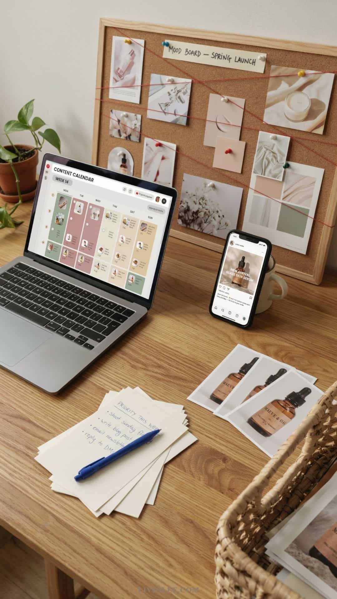 Creative marketing desk with a laptop, smartphone, product photos, notes, and a Pinterest-style mood board for a handmade business