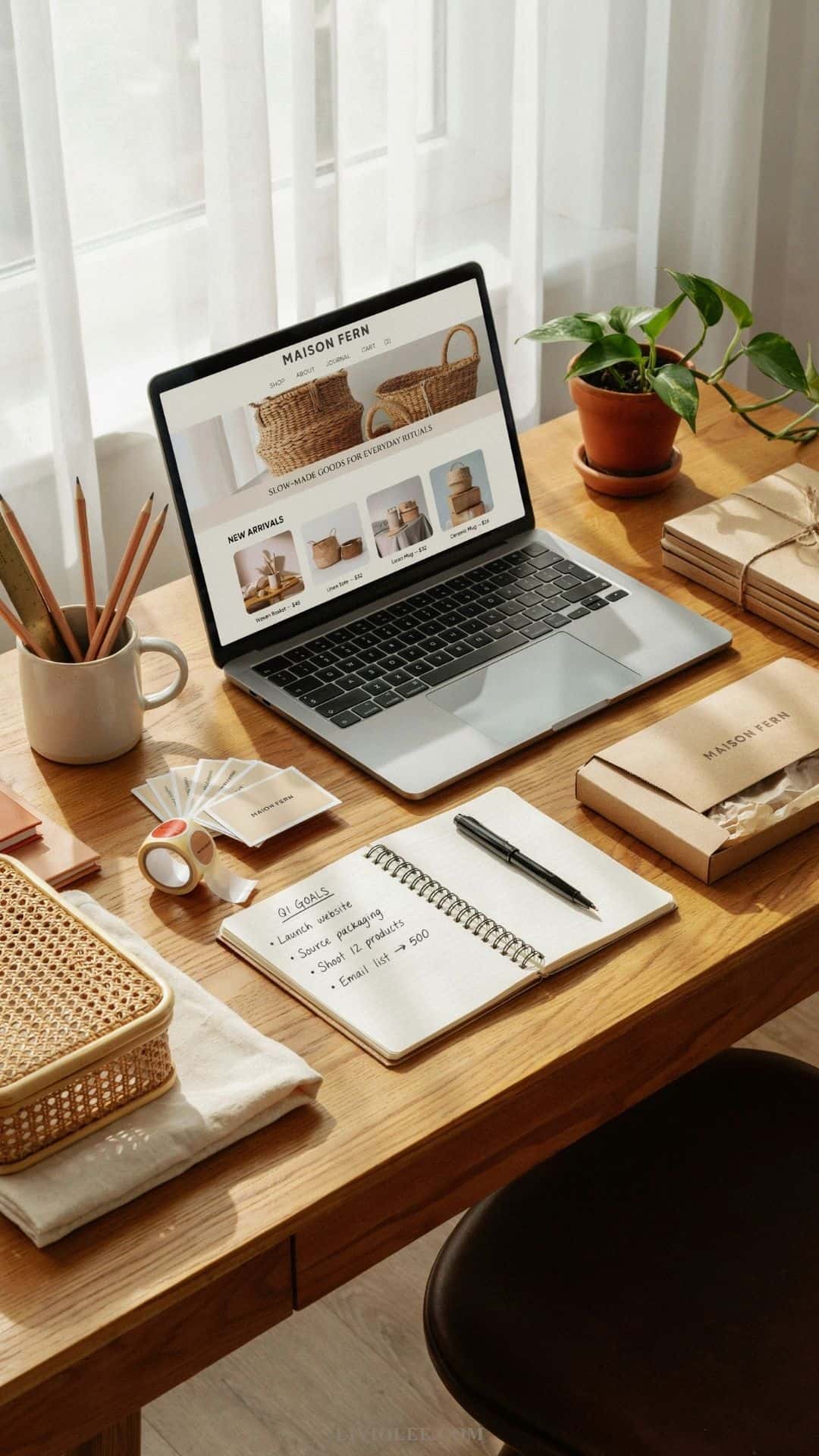 Laptop displaying an online craft store surrounded by handmade products, packaging supplies, and small business planning materials
