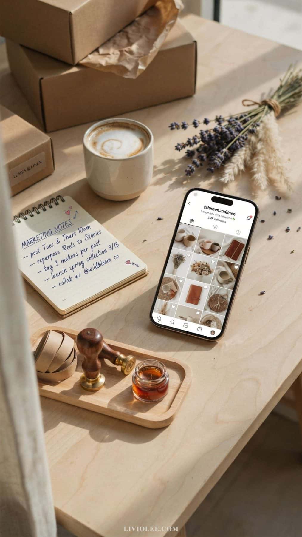 Smartphone displaying social media posts of handmade products with craft supplies and marketing materials on a creative workspace.