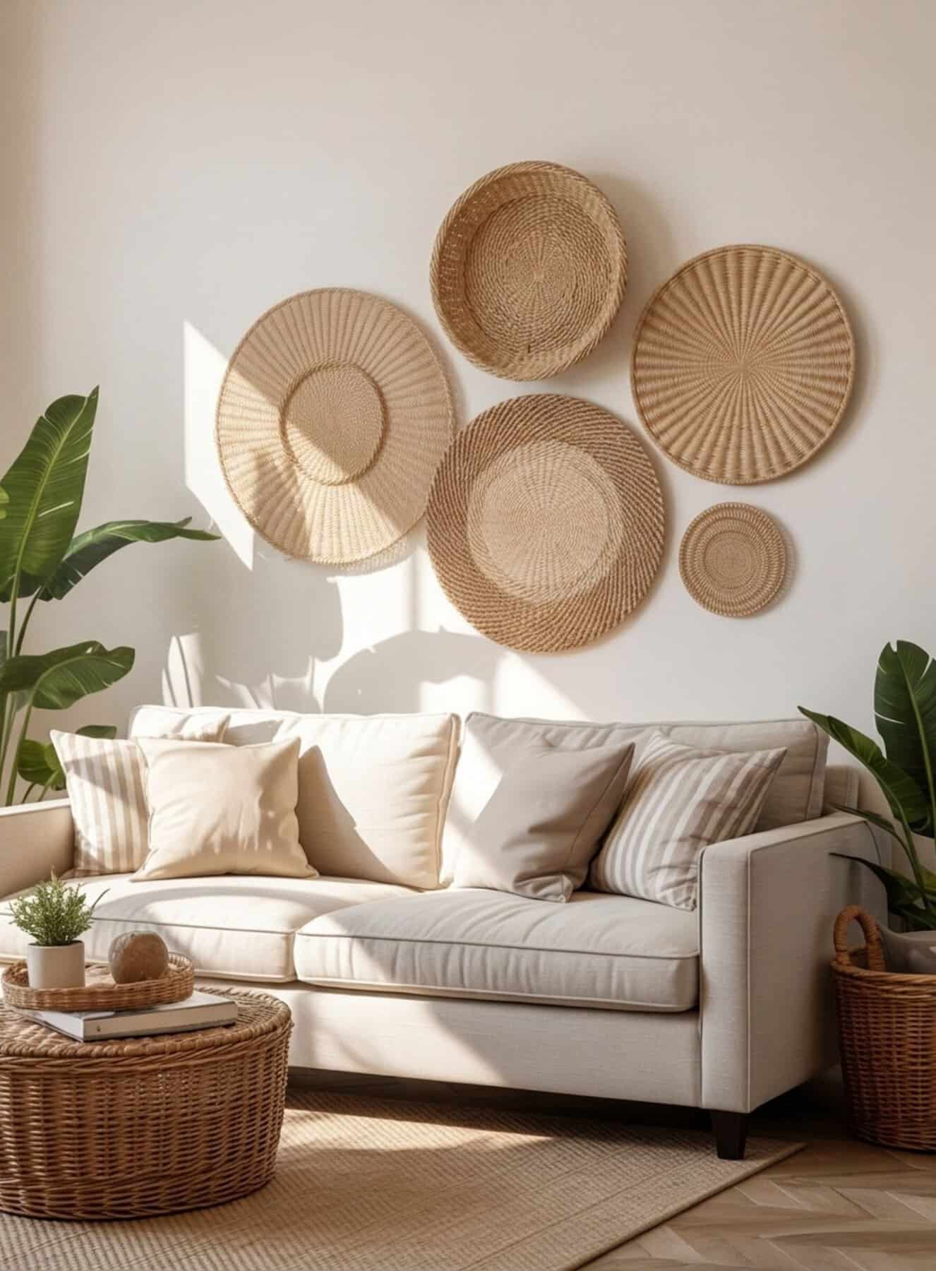  linen sofa sits beneath a carefully arranged collection of woven baskets in natural seagrass and rattan tones