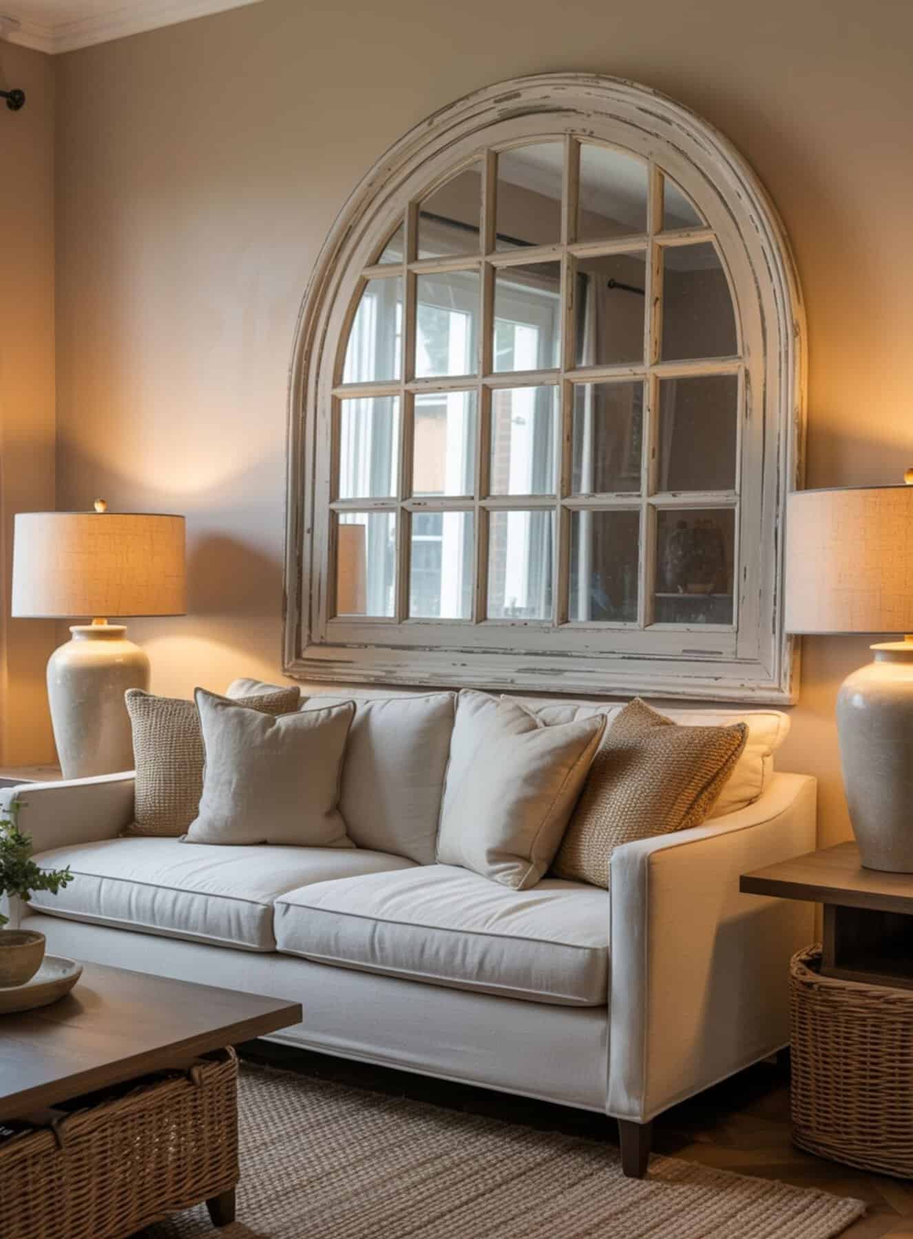 warm neutral sofa sits beneath a large arched antique window frame with a softly weathered wood finish