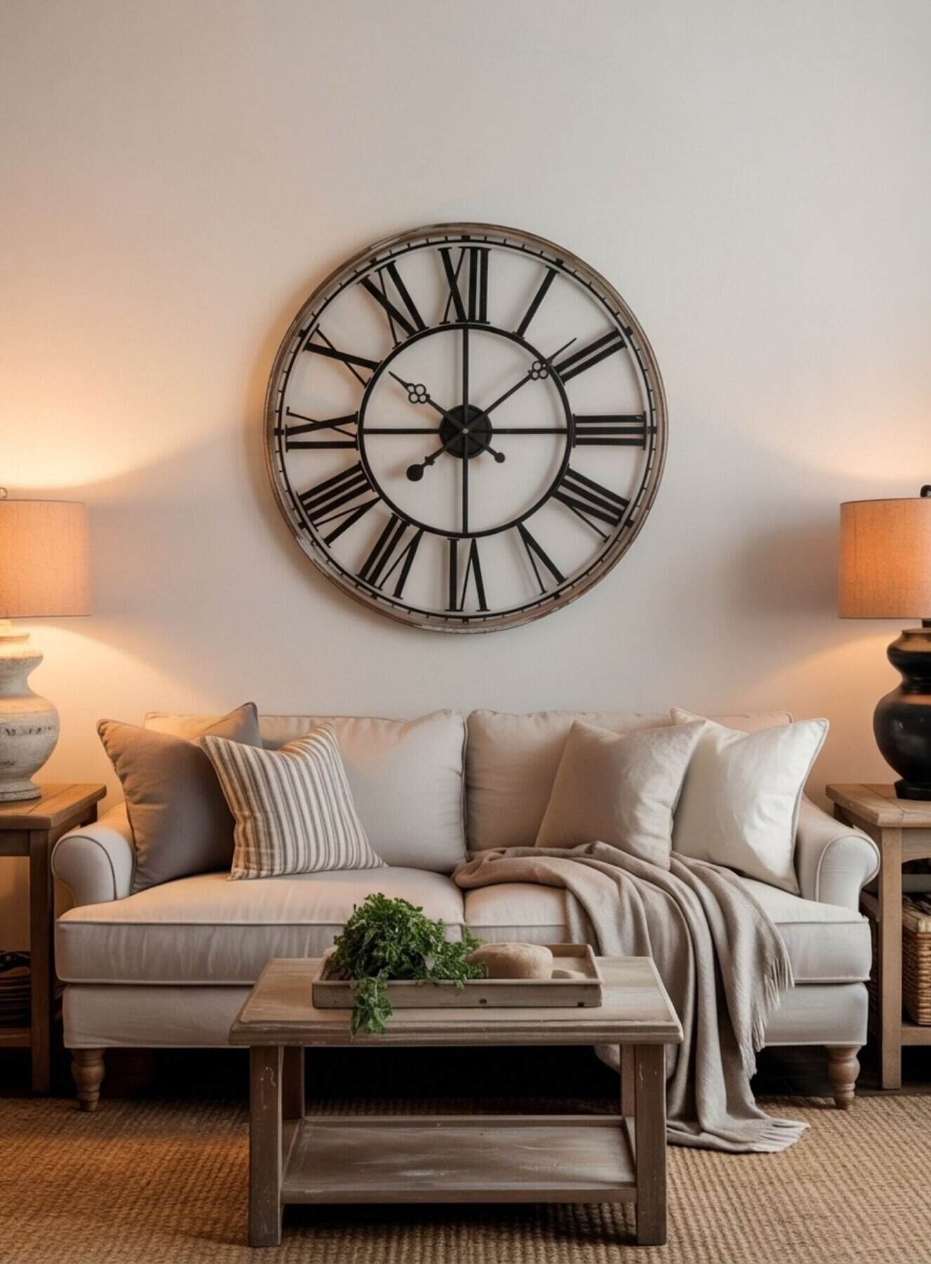 beige sofa sits beneath an oversized Roman numeral clock with a beautifully weathered wood and metal frame