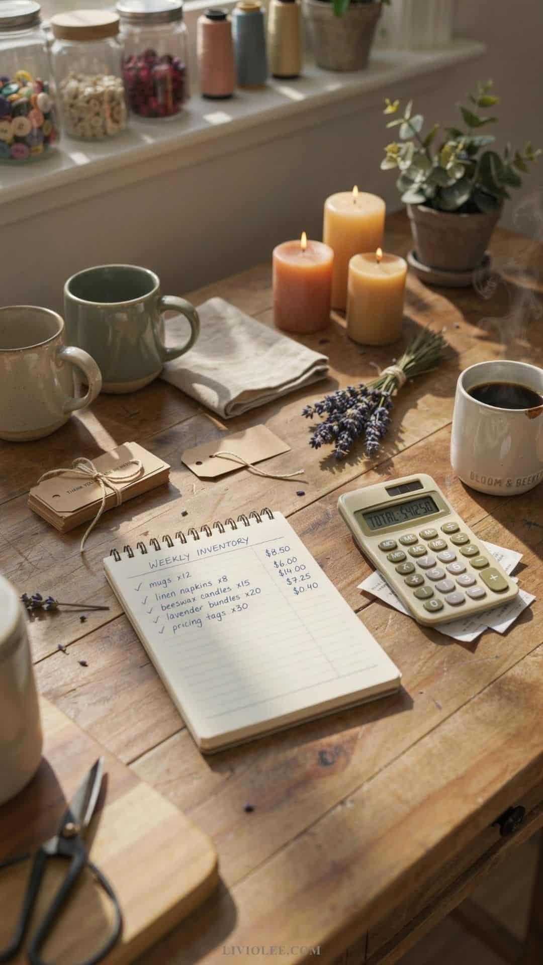 Craft business workspace with handmade items, calculator, notebook, receipts, and pricing tags used for product costing