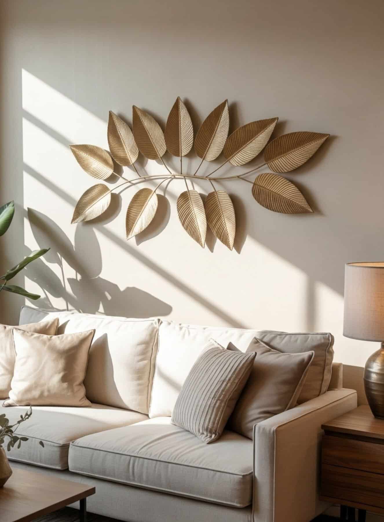 linen sofa sits beneath an elegant metal wall sculpture featuring layered gold leaves that seem to float across the wall
