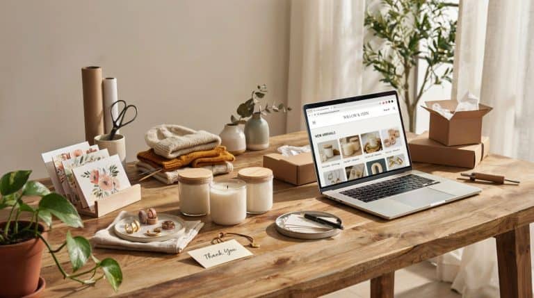 Home craft studio workspace with handmade candles, jewelry, greeting cards, packaging supplies, shipping boxes, and a laptop displaying an online shop.
