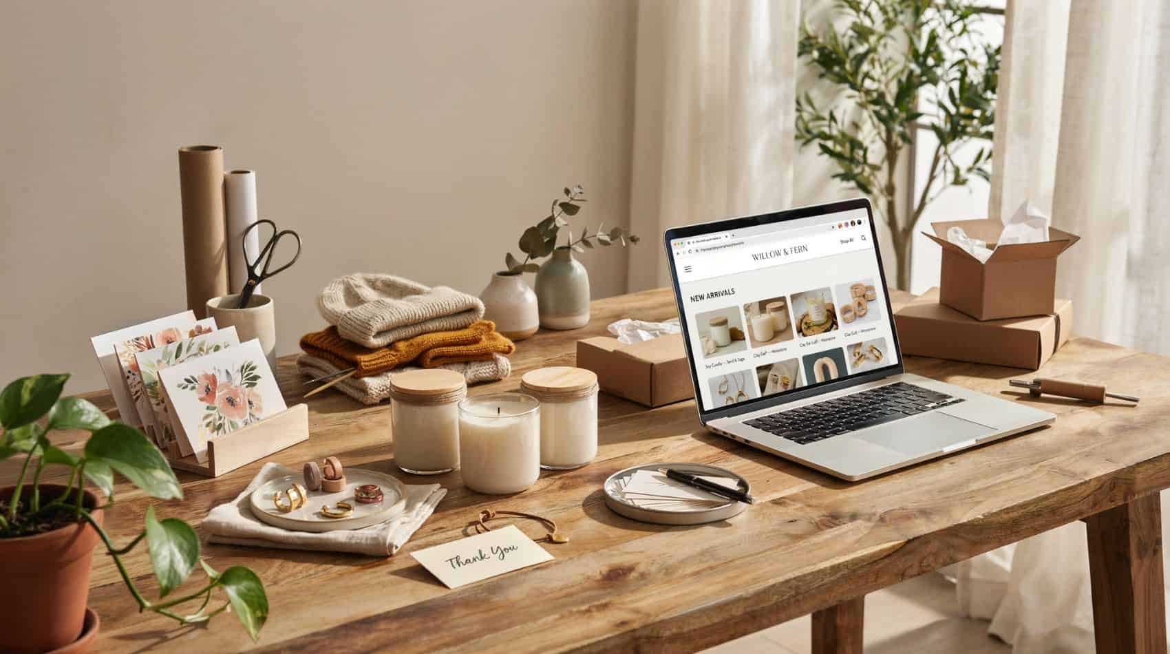 Home craft studio workspace with handmade candles, jewelry, greeting cards, packaging supplies, shipping boxes, and a laptop displaying an online shop.