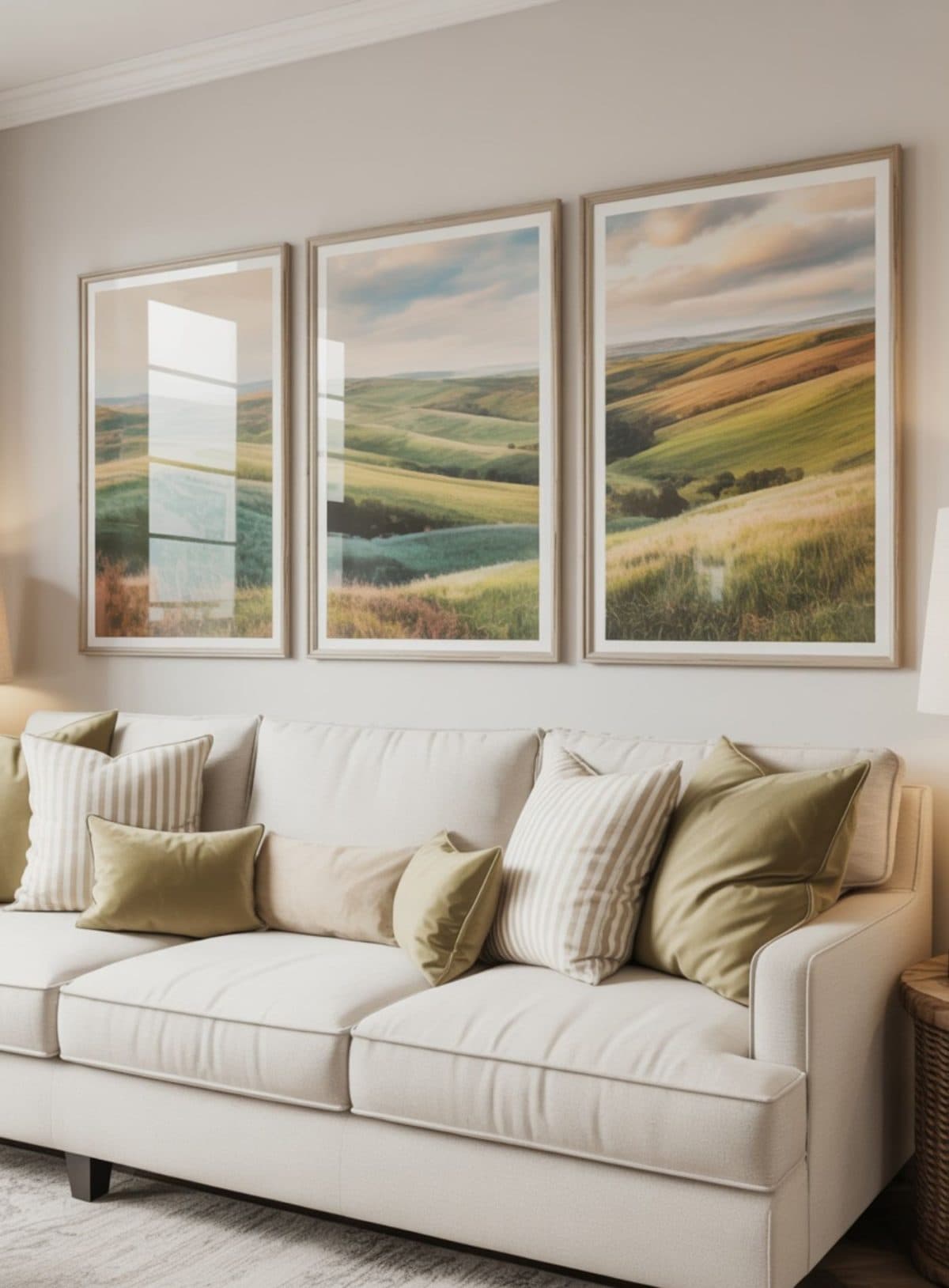 comfortable cream-colored sofa sits beneath three large framed landscape prints featuring rolling hills in soft greens