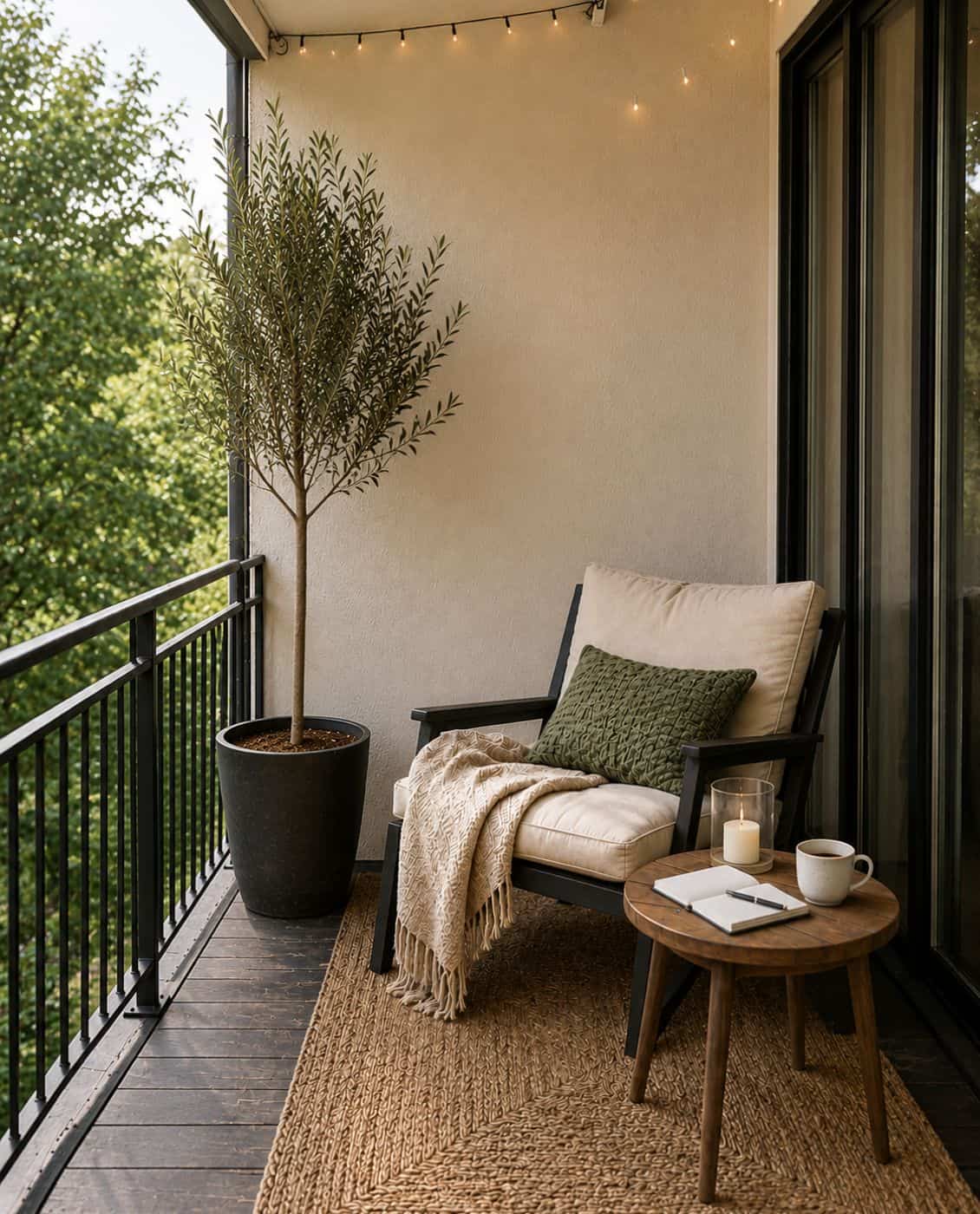 Deep-seated lounge chair, a side table just wide enough for a book and a cup of tea, and a tall terracotta pot in the corner