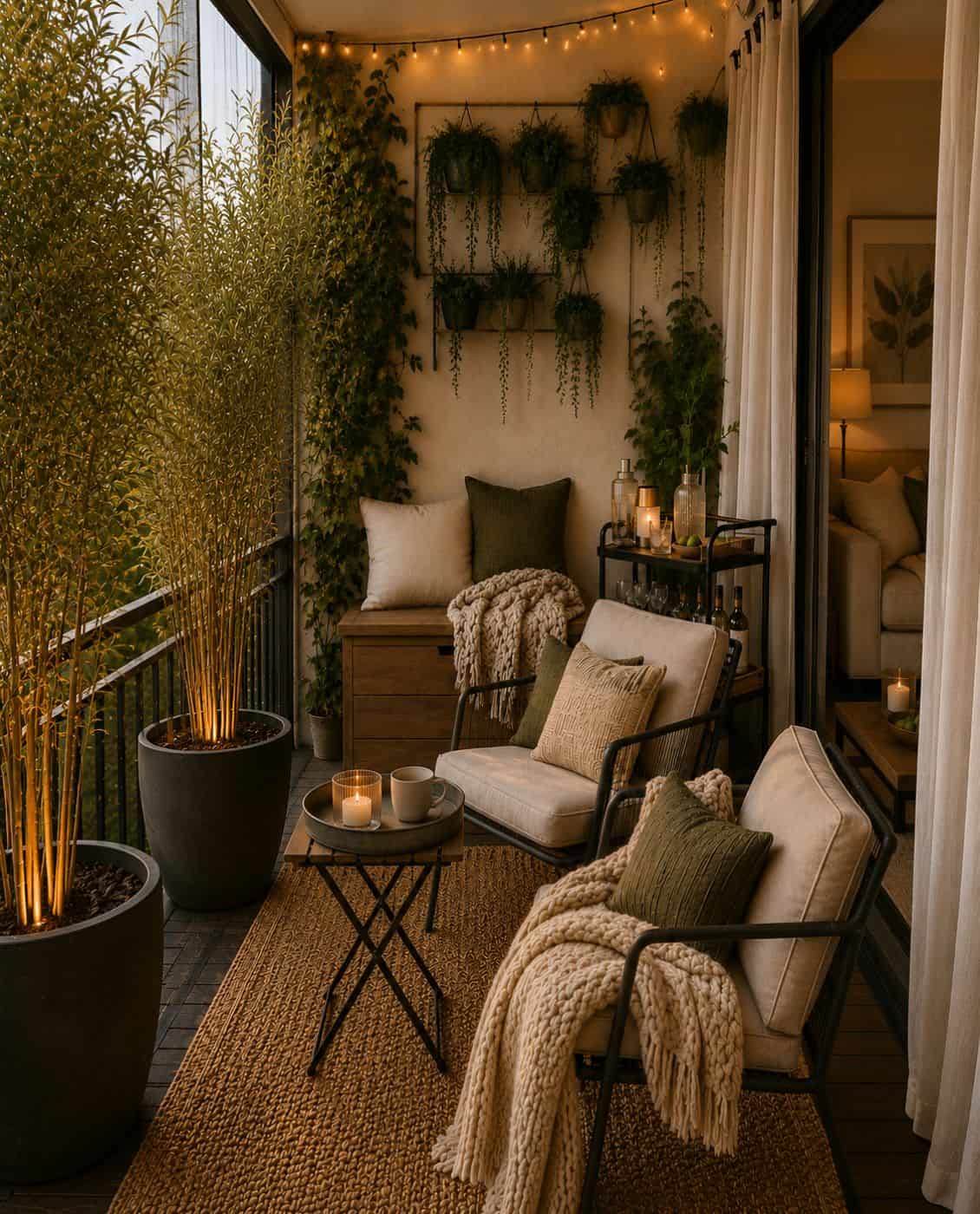 outdoor patio with small trees for privacy