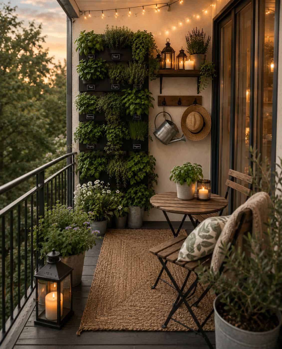 small outdoor patio with vertical planting and decor