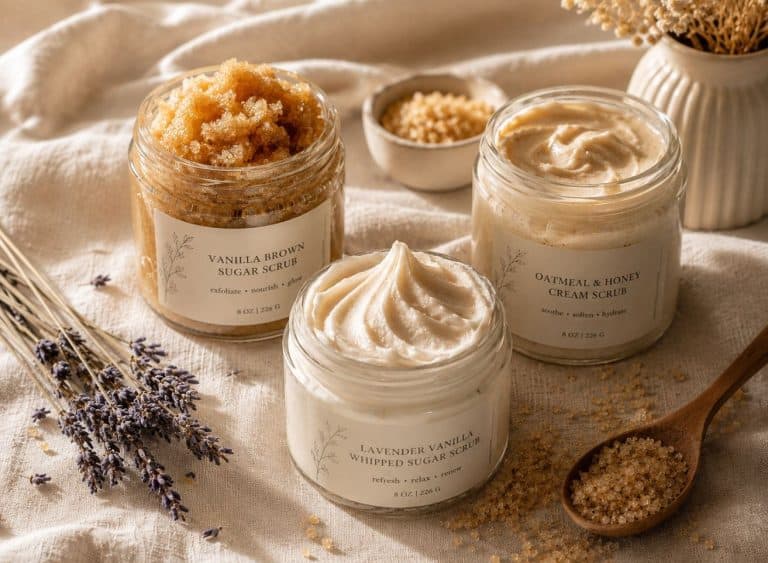 Three glass jars of homemade sugar scrub arranged on a pale linen surface in warm morning light. One jar contains a rustic golden sugar scrub, another a smooth creamy emulsified scrub, and the third a fluffy whipped white scrub
