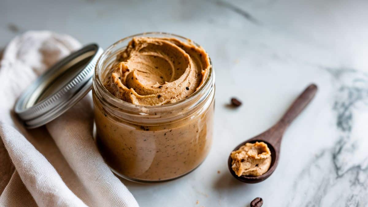 glass jar of tallow coffee scrub