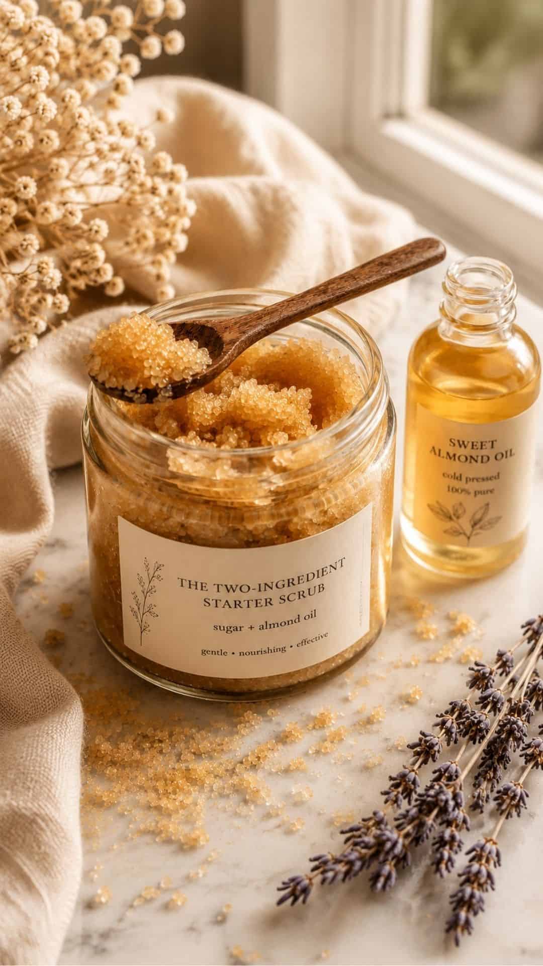 glass jar of homemade golden sugar scrub sits on a white marble surface beside a small bottle of sweet almond oil